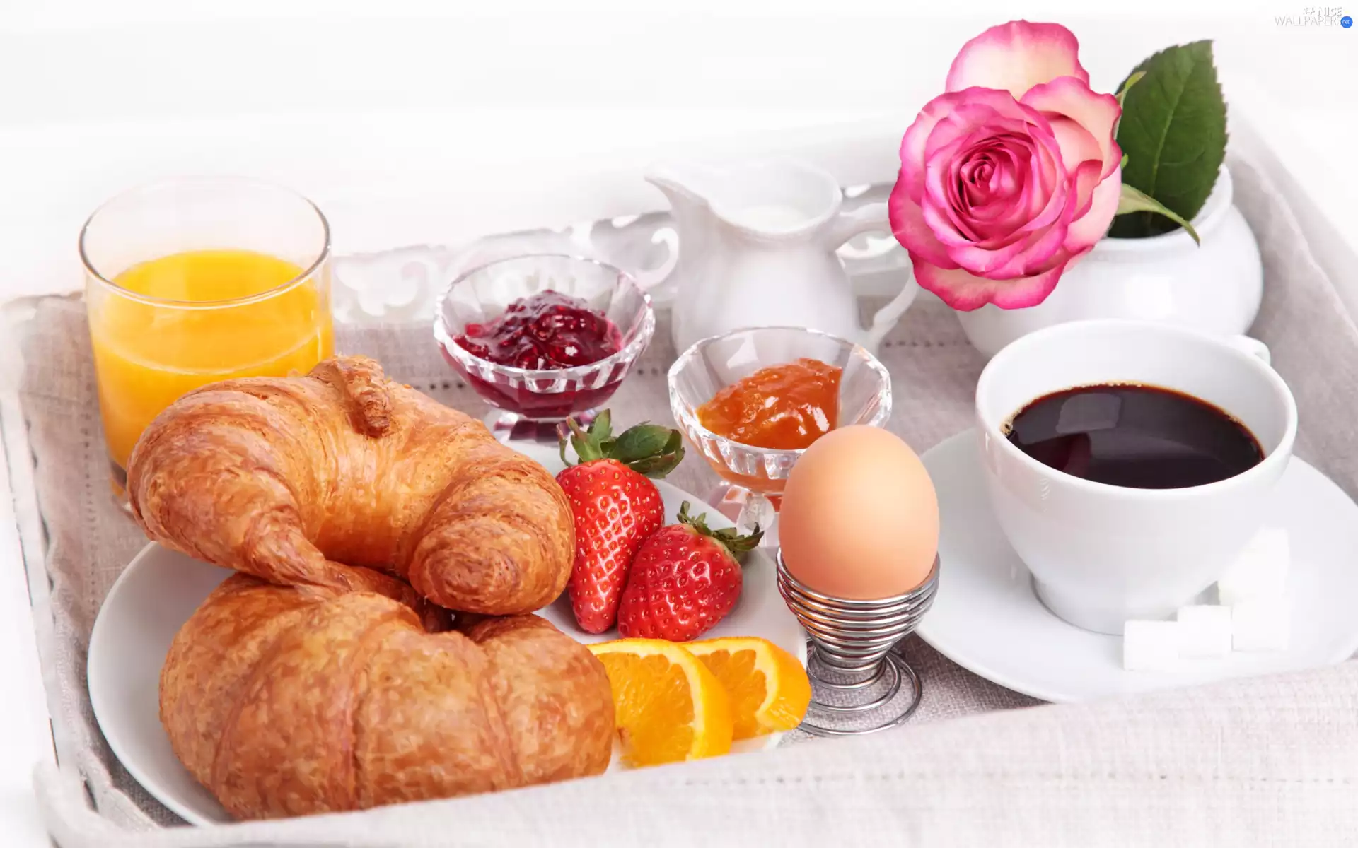 Jam, breakfast, egg, coffee, croissants