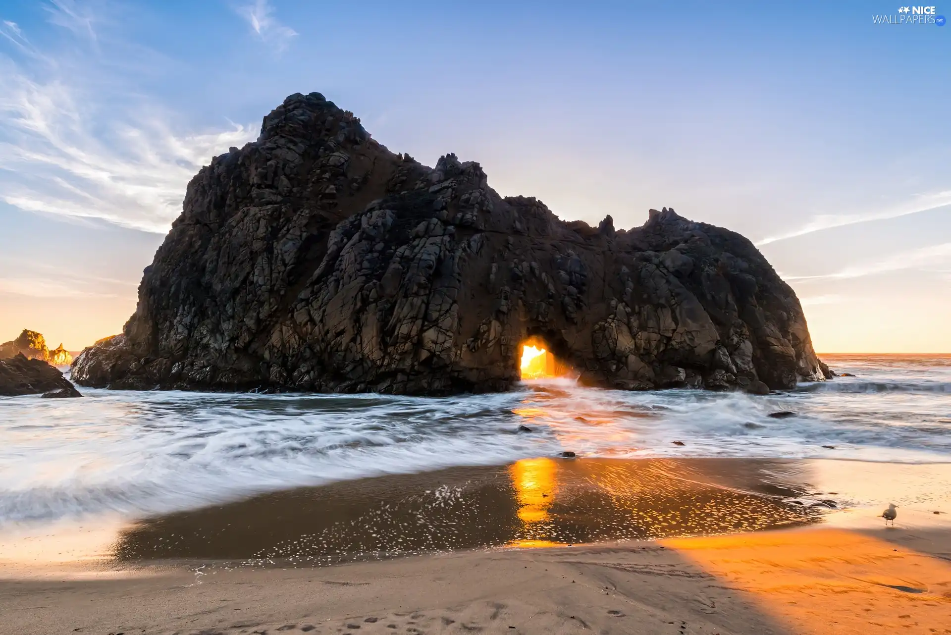 sea, Rocks, light breaking through sky, Beaches