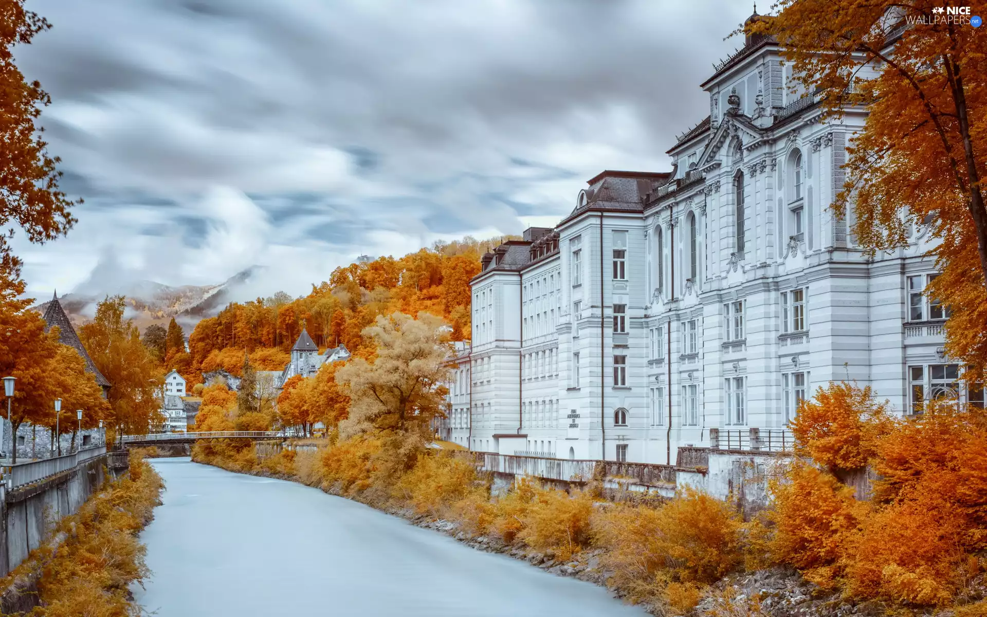 viewes, River, clouds, canal, autumn, trees, Houses, bridge