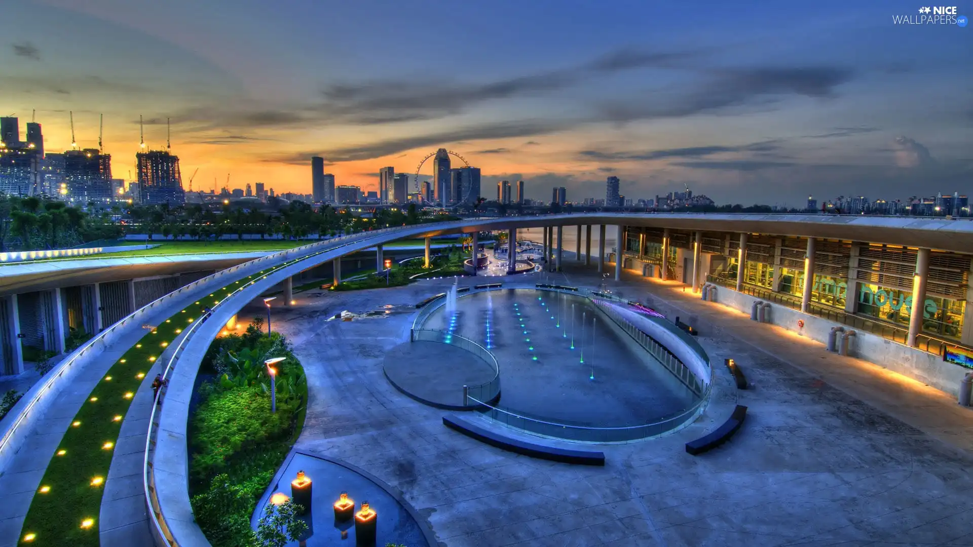 skyscrapers, graphics, bridge, fountain, clouds, Town