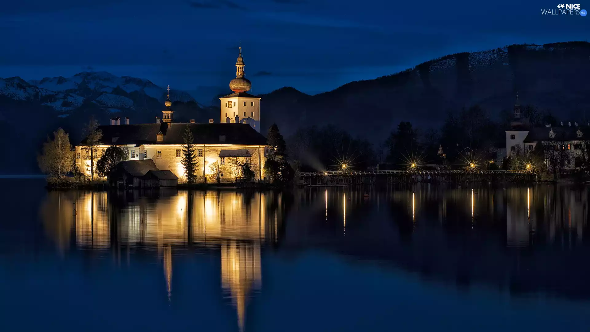 bridge, Ort Castle, Gmunden, Night, Floodlit, Lake Traunsee, Austria