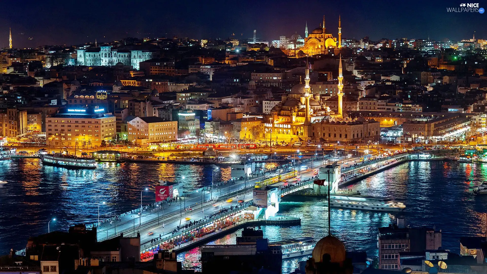 panorama, Night, bridge, town