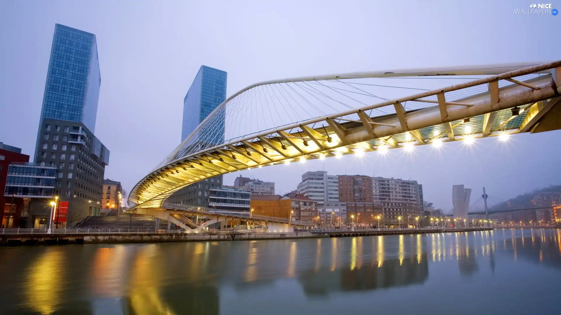 panorama, town, bridge, illuminated