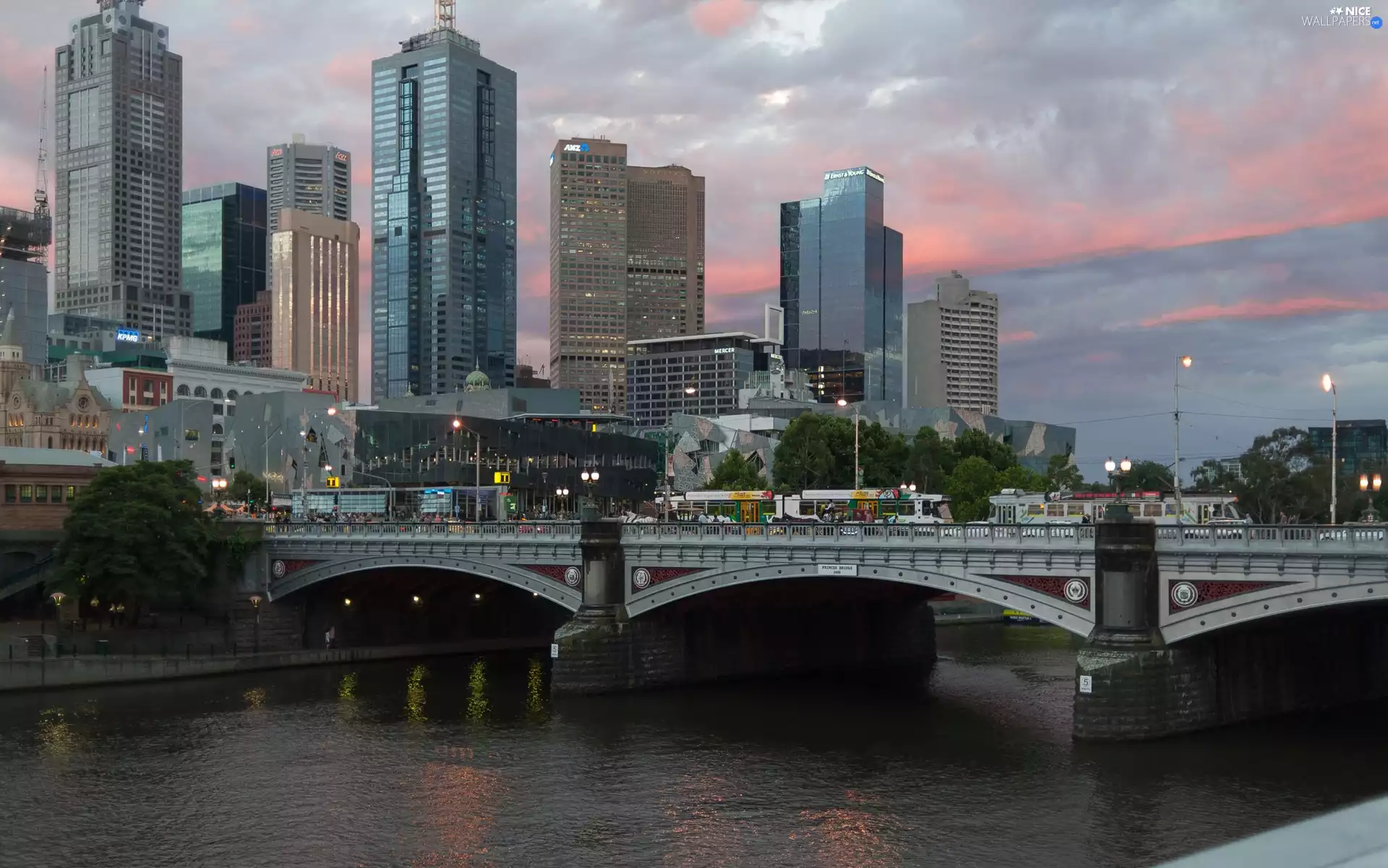 River, skyscrapers, clouds, bridge
