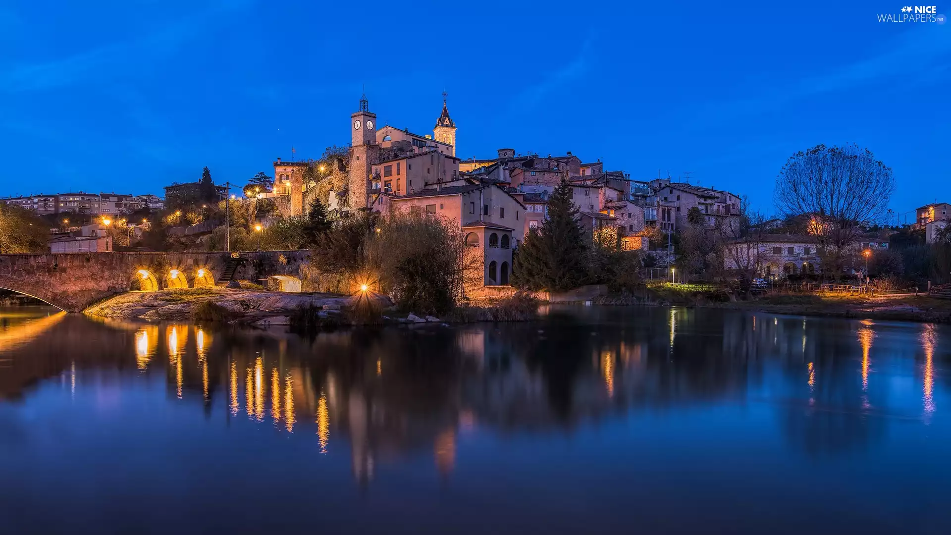 River, Houses, evening, bridge