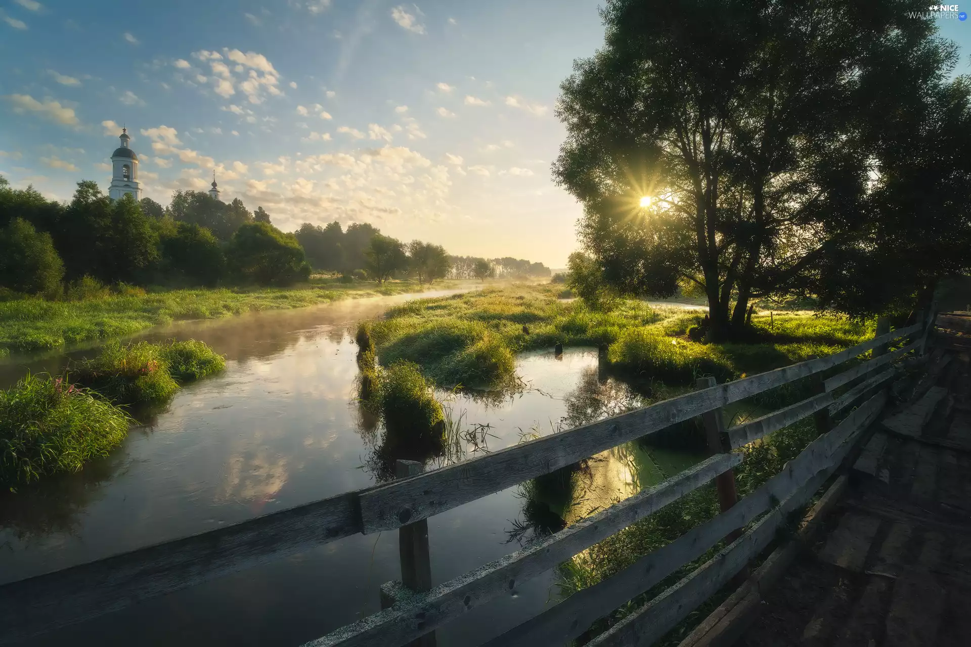 bridge, River, viewes, rays of the Sun, trees, Cerkiew