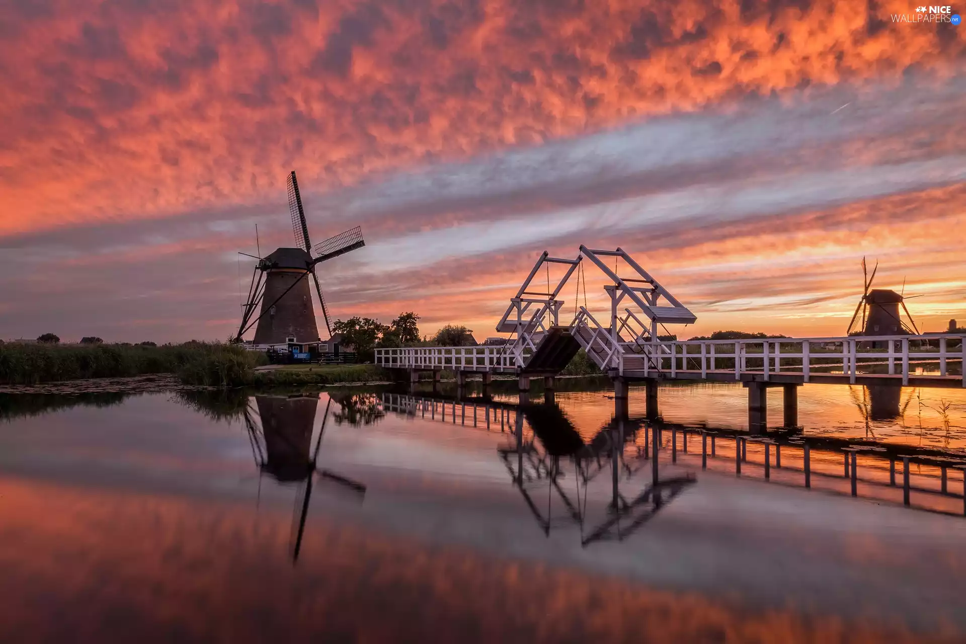 bridge, Alblasserwaard Region, Great Sunsets, Kinderdijk Village, Netherlands, Windmills, River