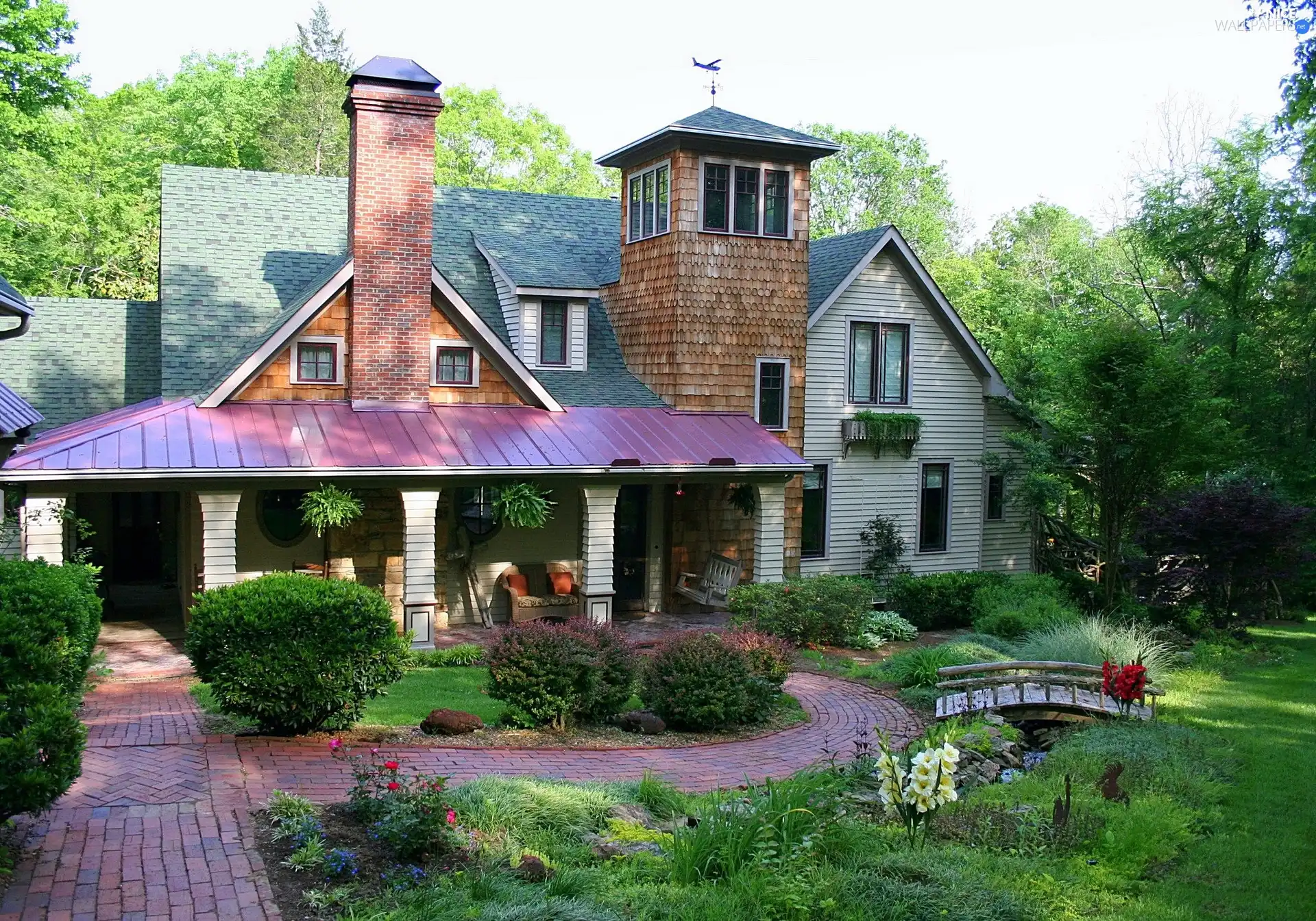 bridges, house, Garden