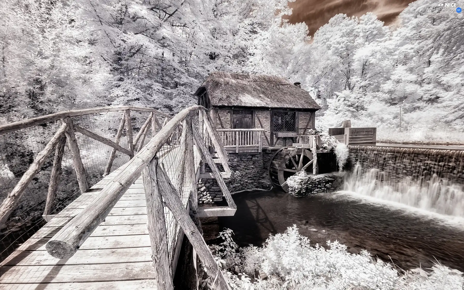 bridges, winter, water, cascade, Windmill