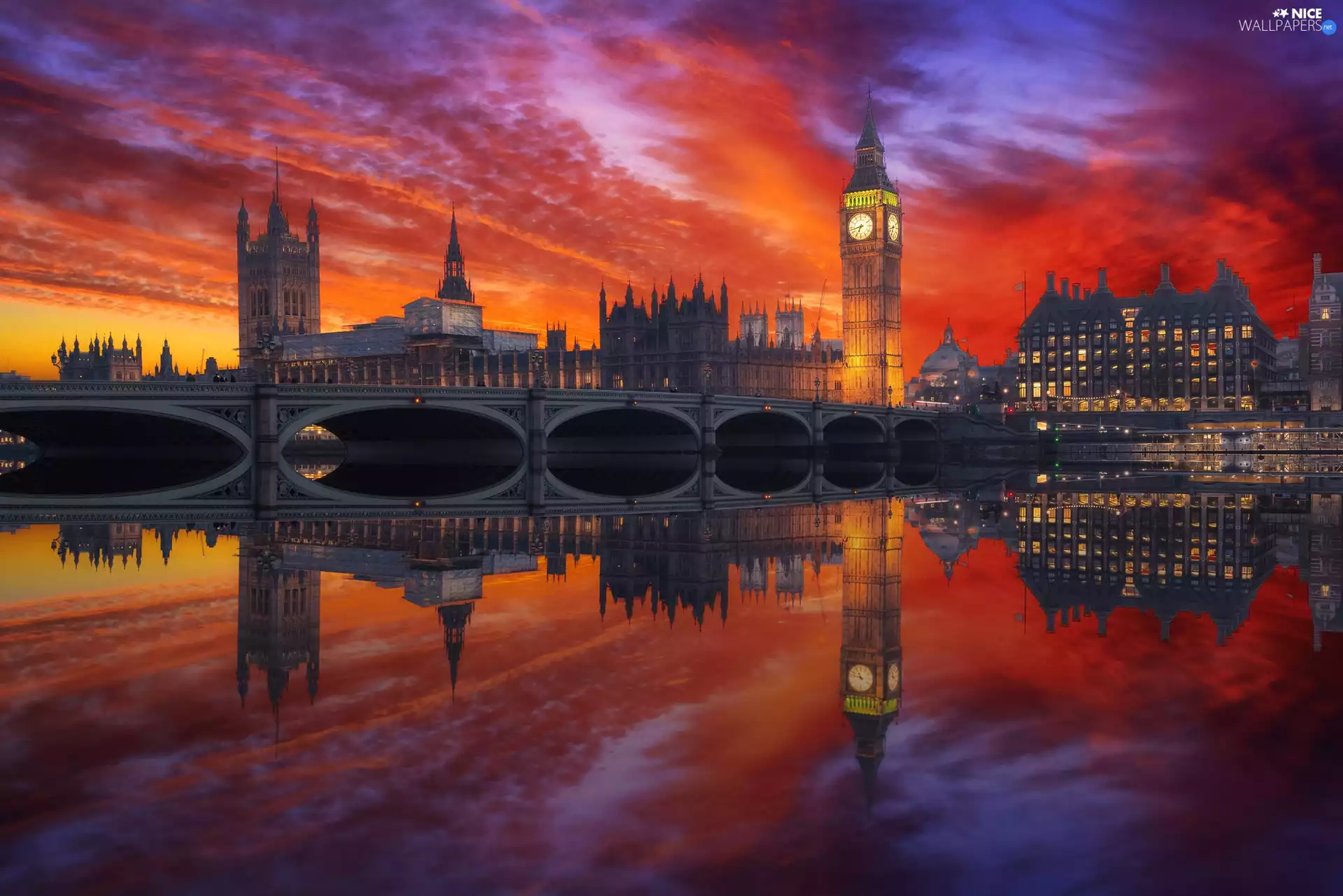 London, bridge, River Thames, Westminster, Great Sunsets, England, Great Britain, Big Ben