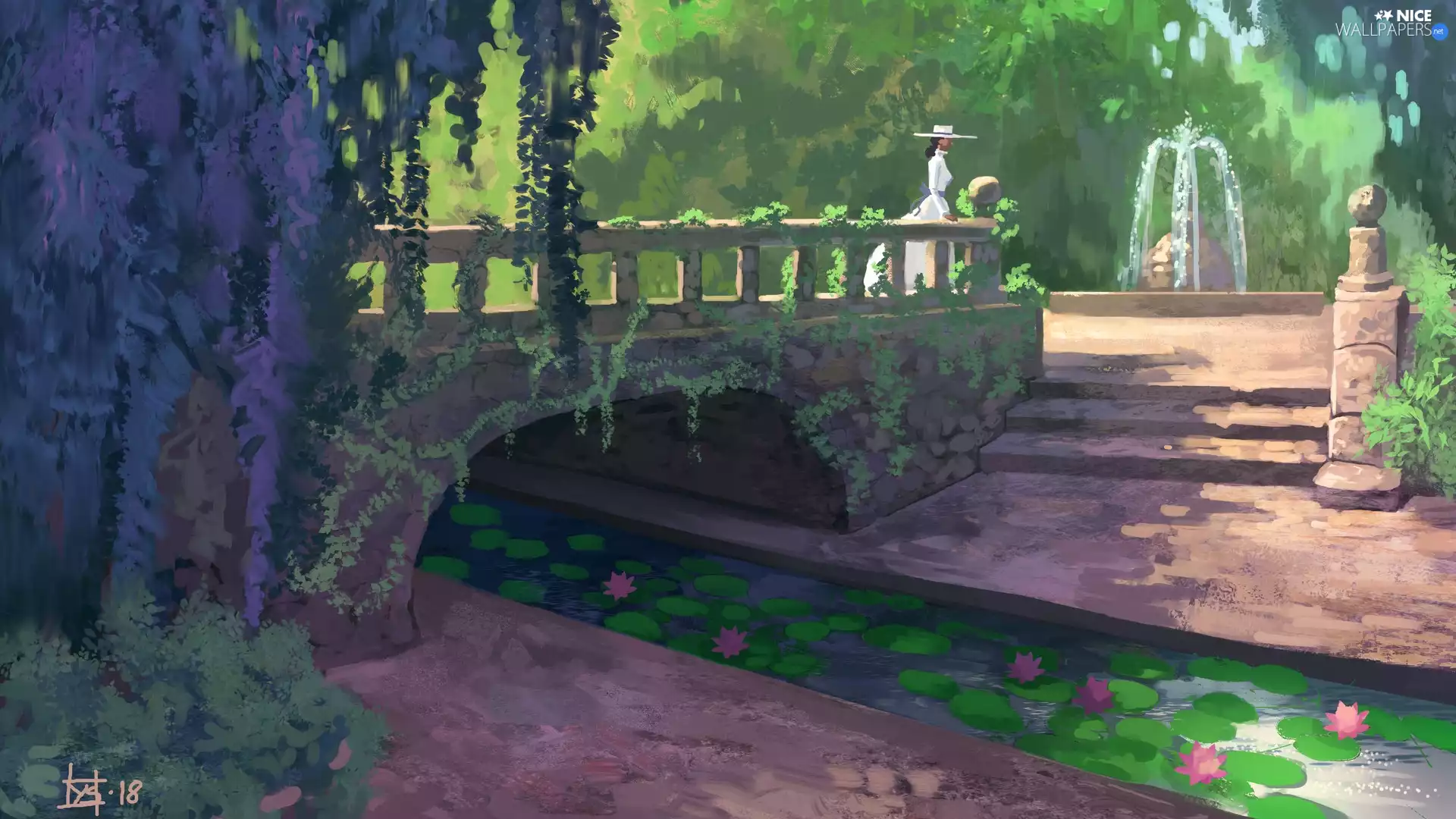 Stairs, bridge, Women, brook, Garden, fountain, graphics