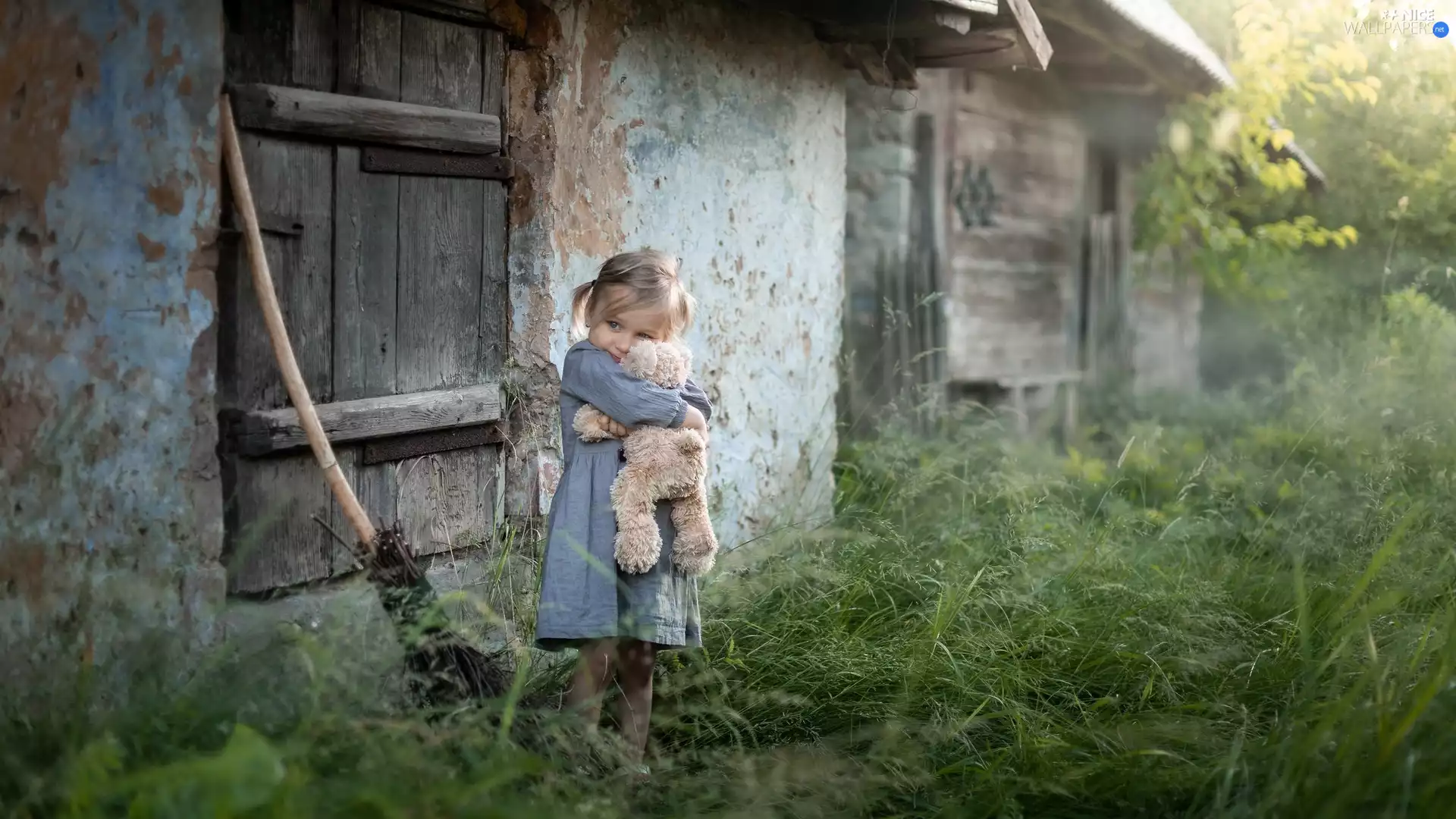 plush toy, girl, Broom, grass, cote, toy
