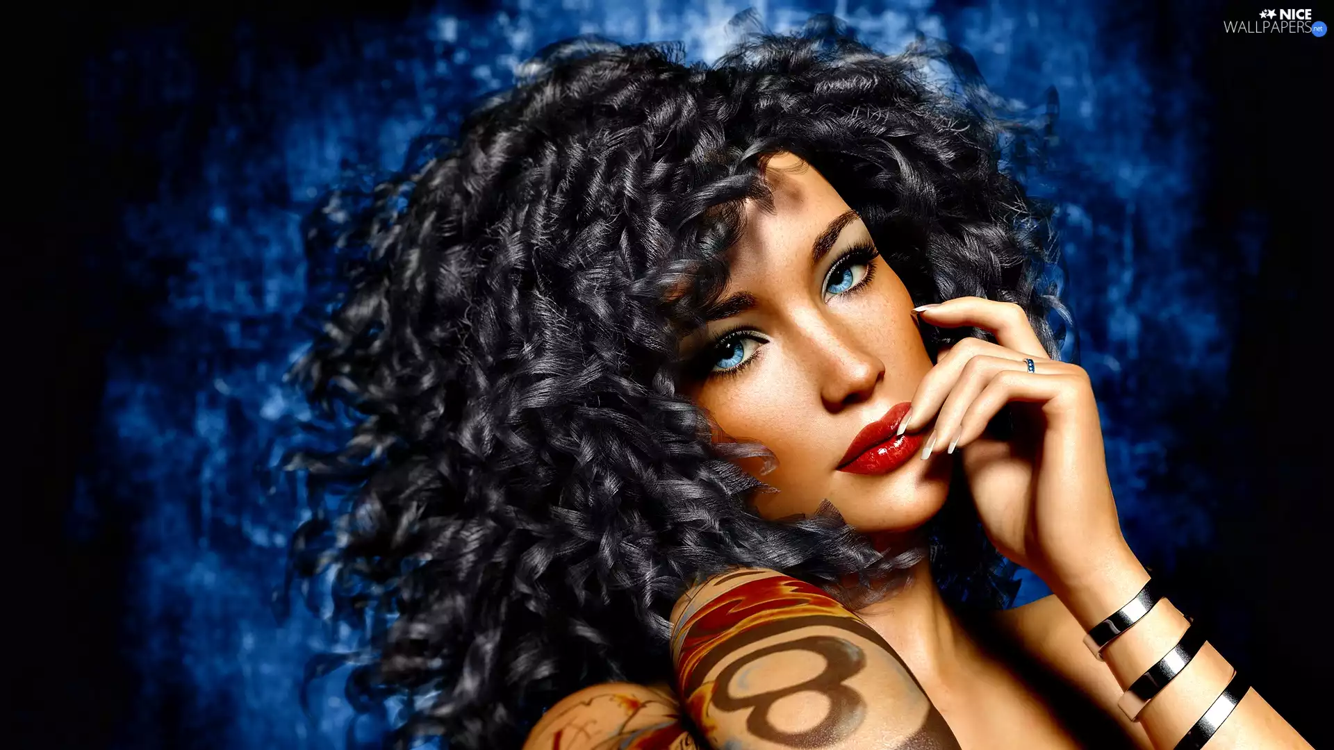 spiral, blue-, Tattoo, brunette, Women, Hair, 2D