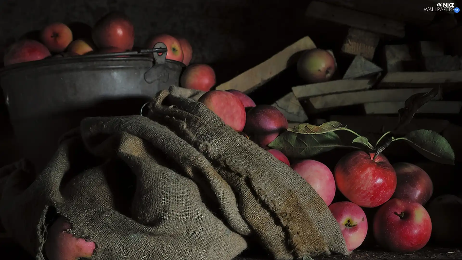 bucket, apples, bag
