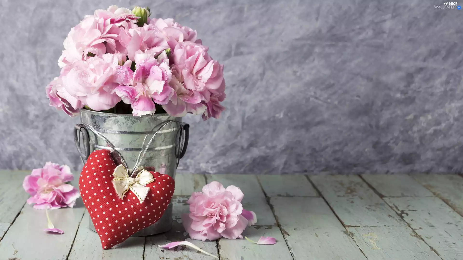 Flowers, Bucket, Heart, Clove Pink