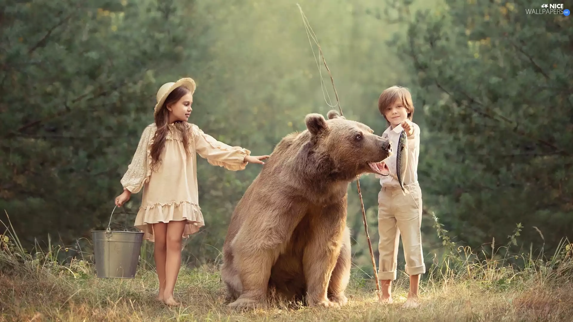 fishing rod, Kids, Hat, boy, Bear, girl, Bucket