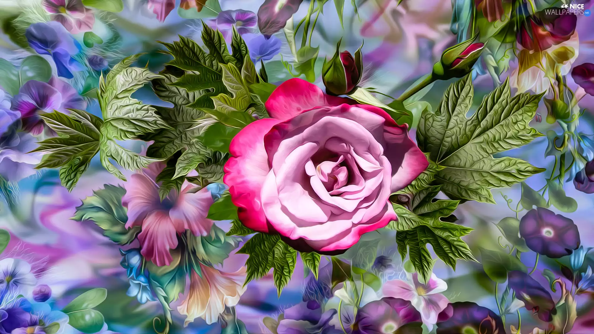 rose, Leaf, graphics, Buds