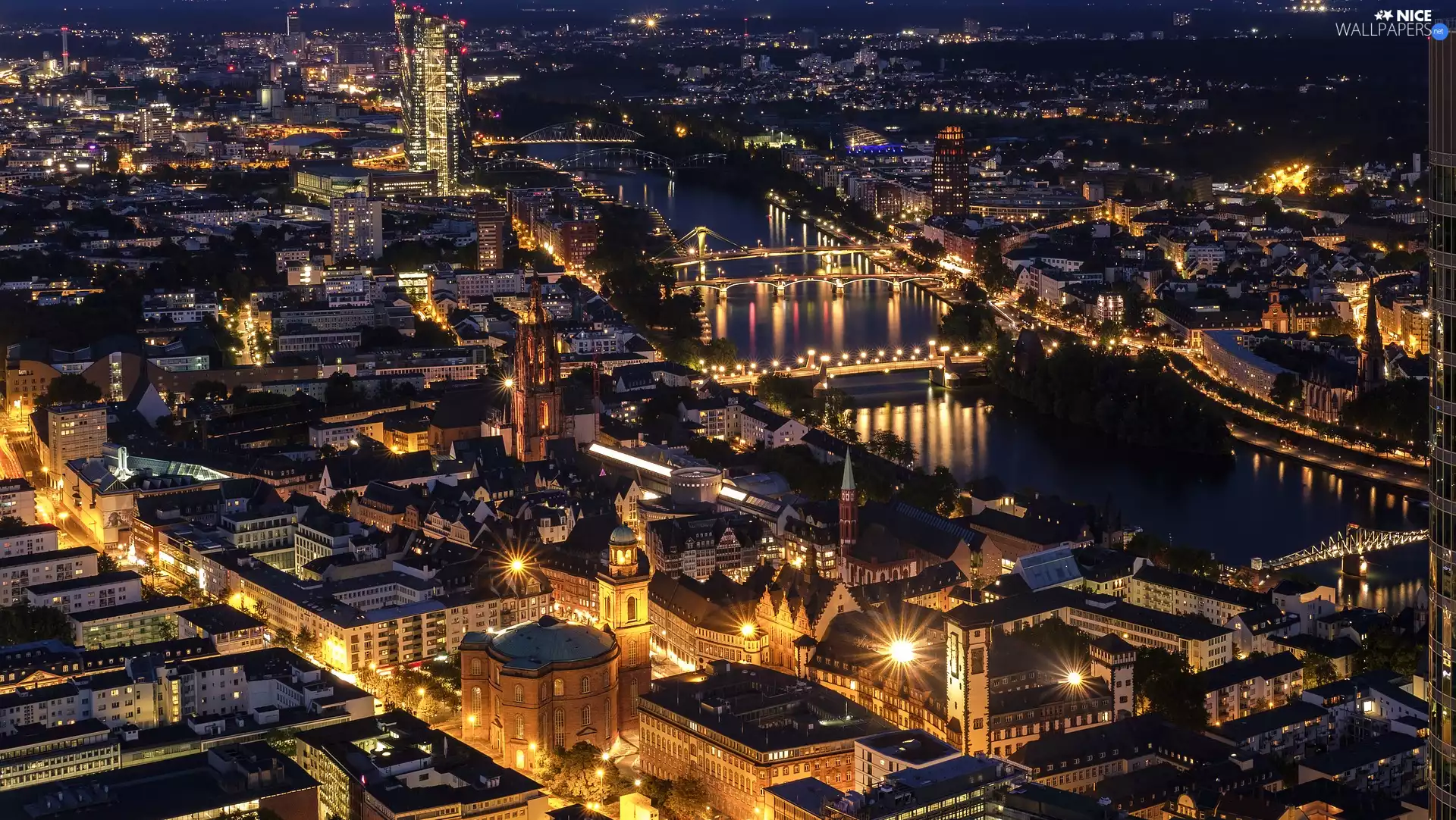 buildings, Frankfurt am Main, Night, River Men, Germany, Bridges, light