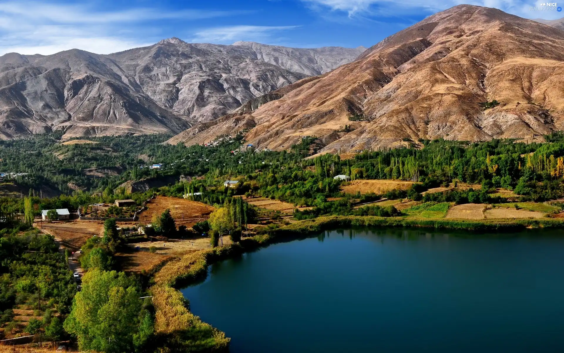 Mountains, Valley, buildings, lake