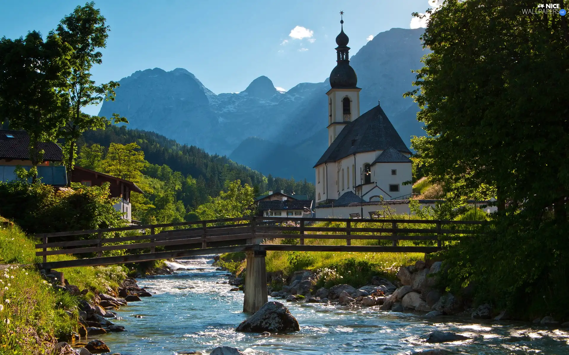 trees, River, buildings, Mountains, viewes, bridges