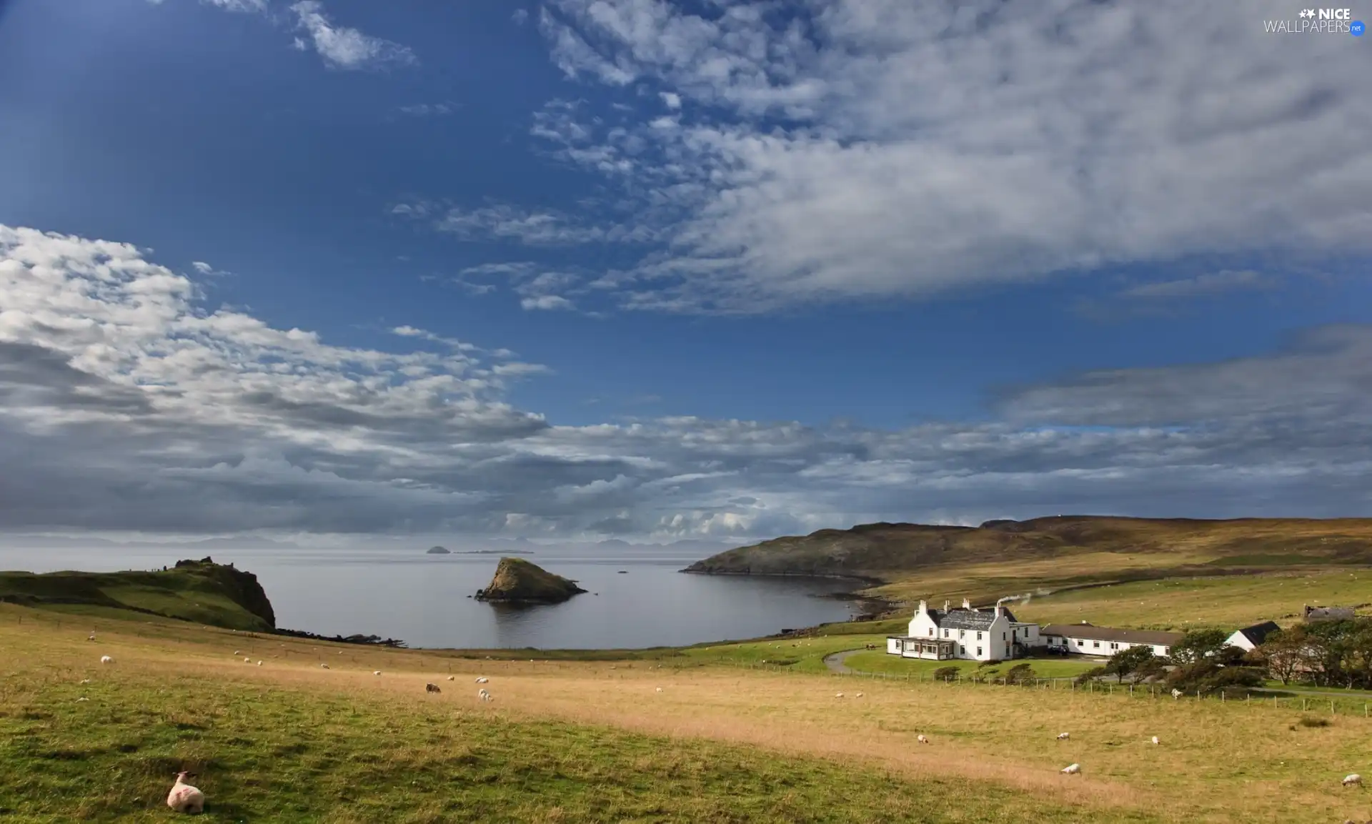 sea, clouds, buildings, Island