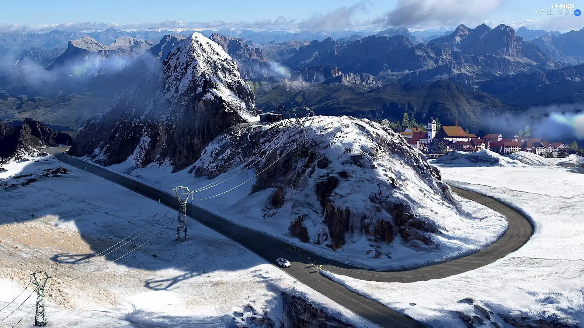 buildings, winter, Way, clouds, Mountains