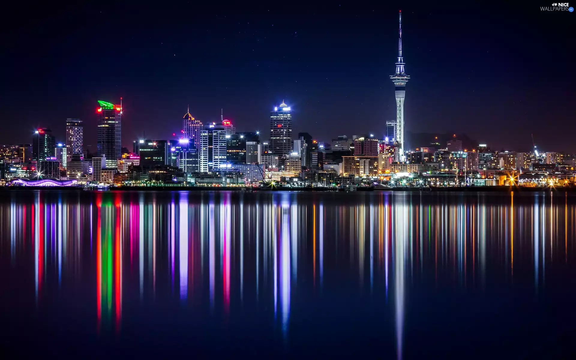 Auckland, New Zeland, buildings, sea, Night, Town