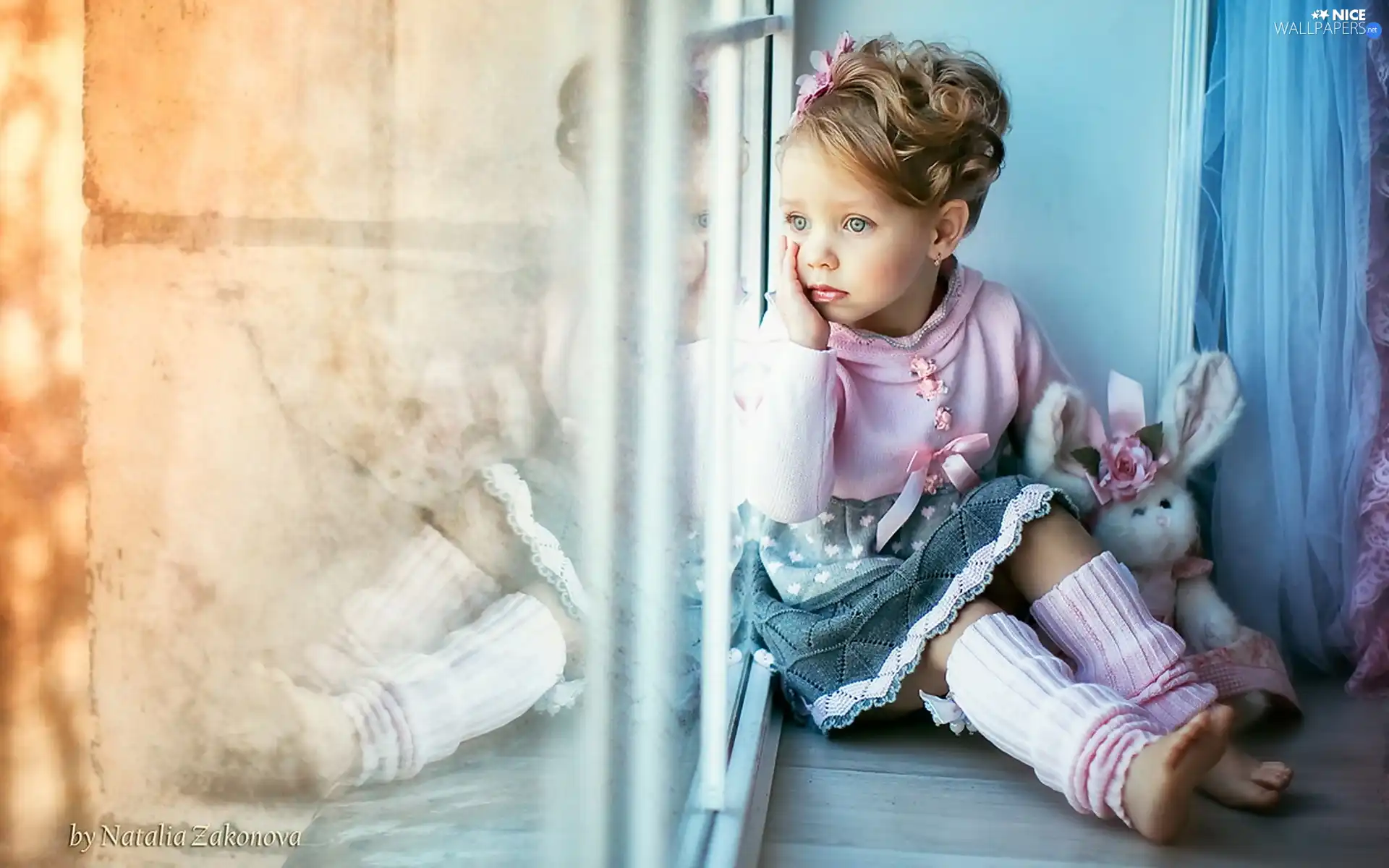 Window, toy, Bunny, girl