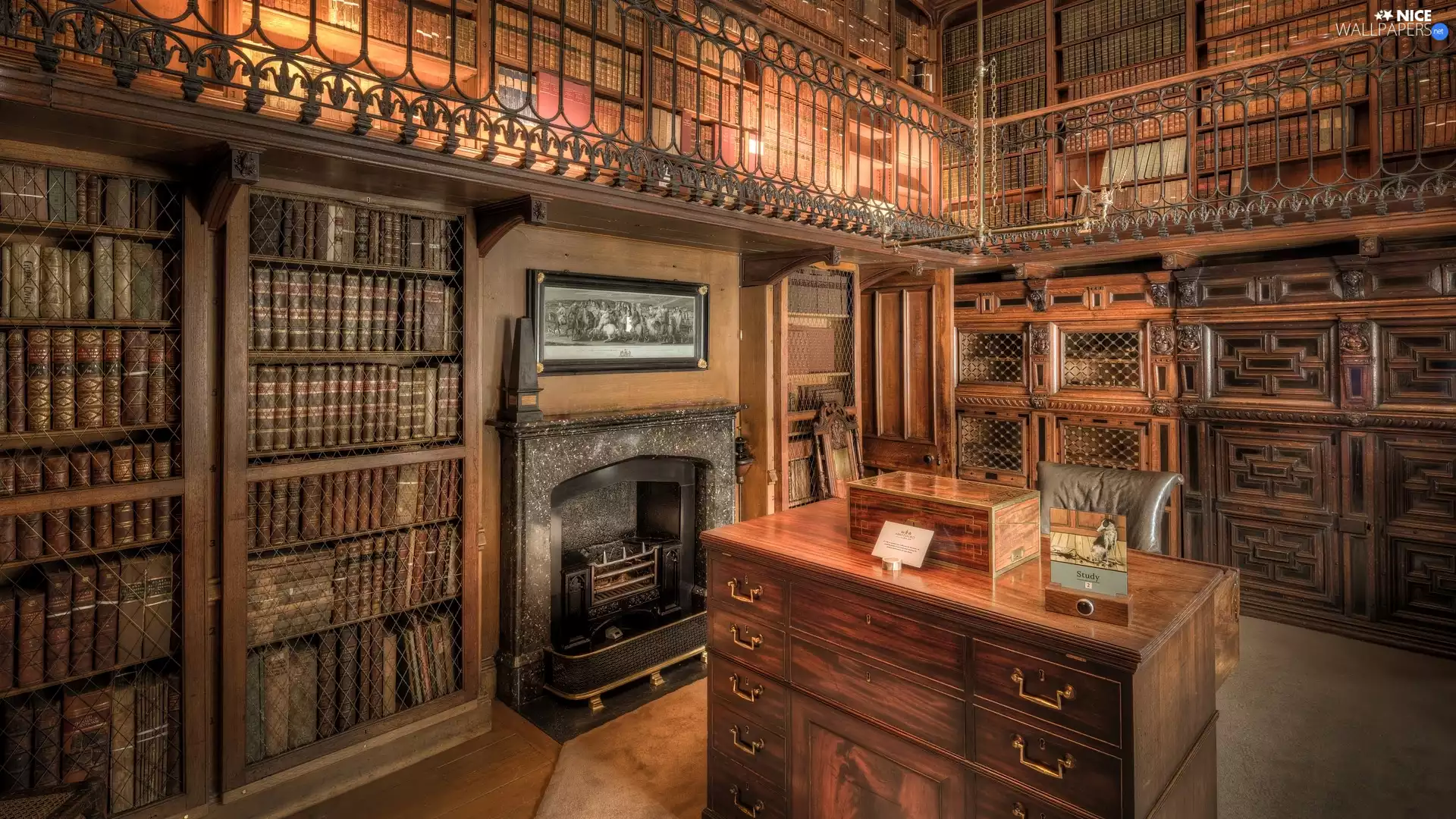 shelves, Books, desk, burner chimney, Library