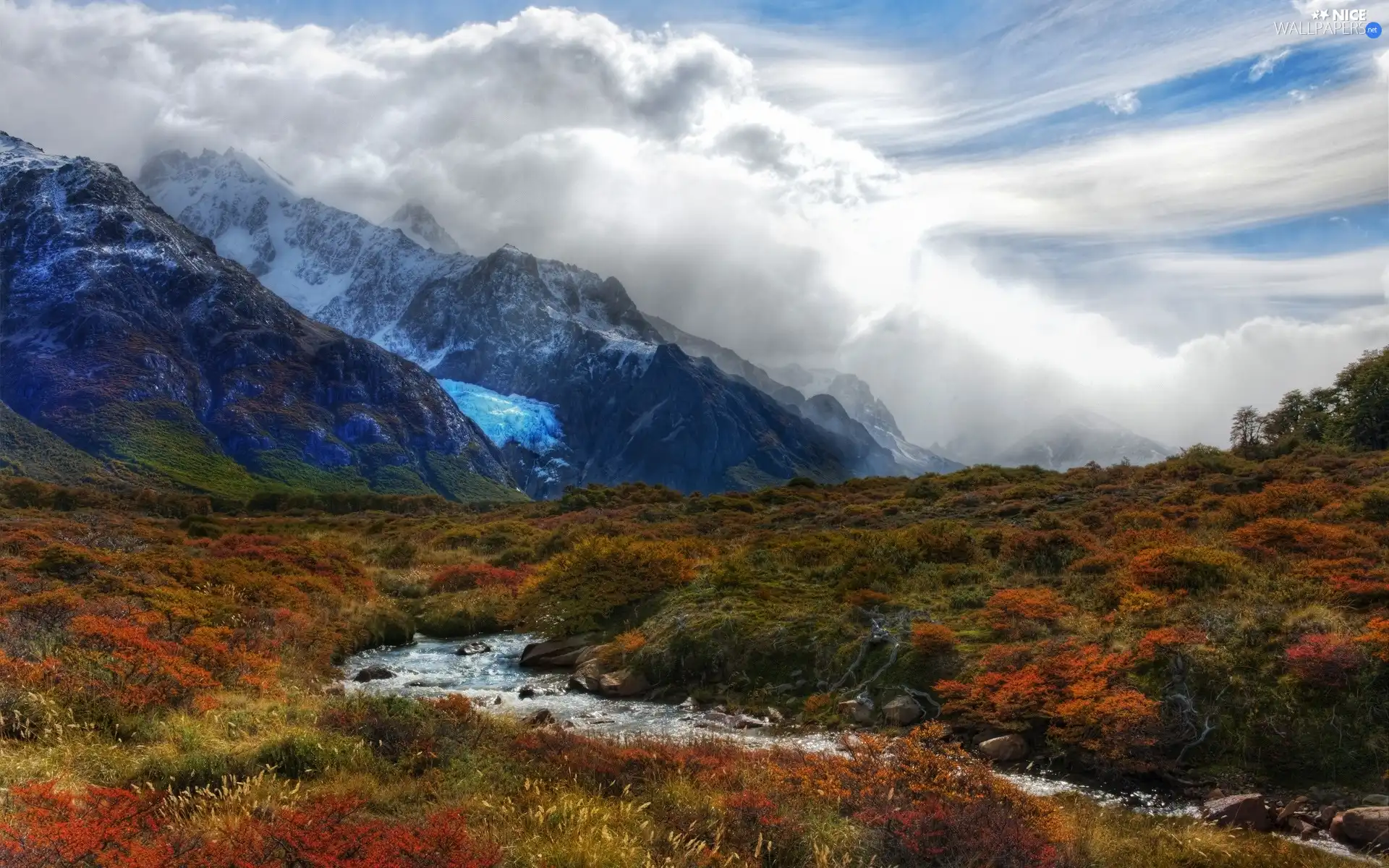 Bush, autumn, clouds, stream, Mountains