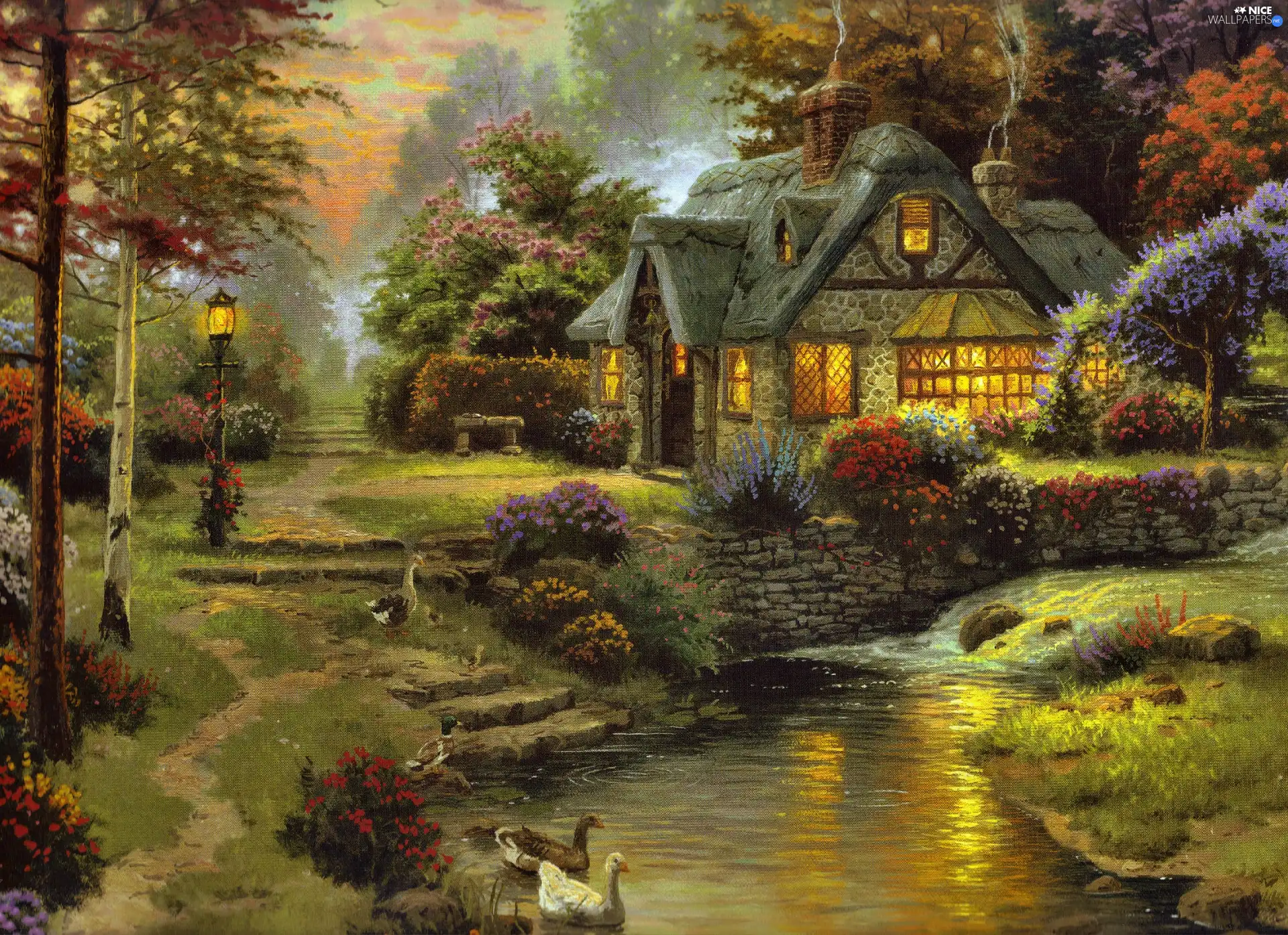 viewes, brook, Thomas Kinkade, Bush, picture, trees, Home, Flowers