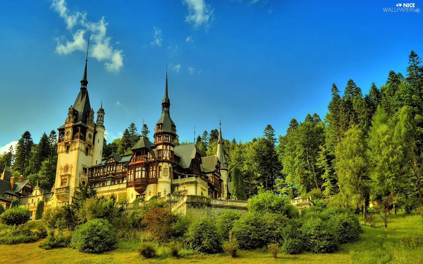 green ones, blue, trees, Sky, Castle, Bush, viewes