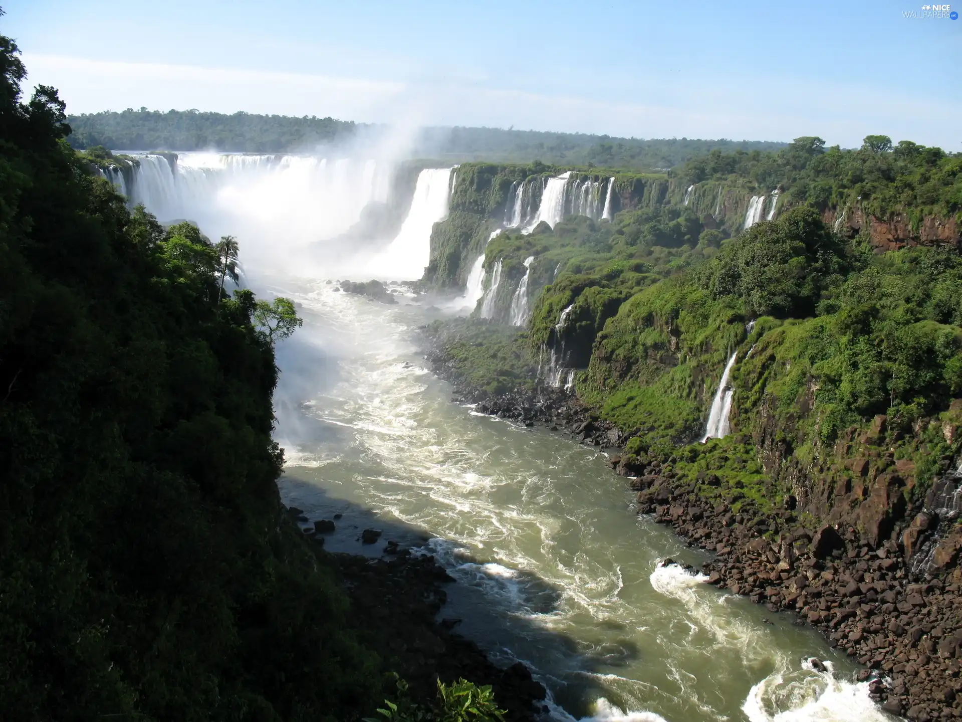 Bushes, rocks, waterfalls, forest, River