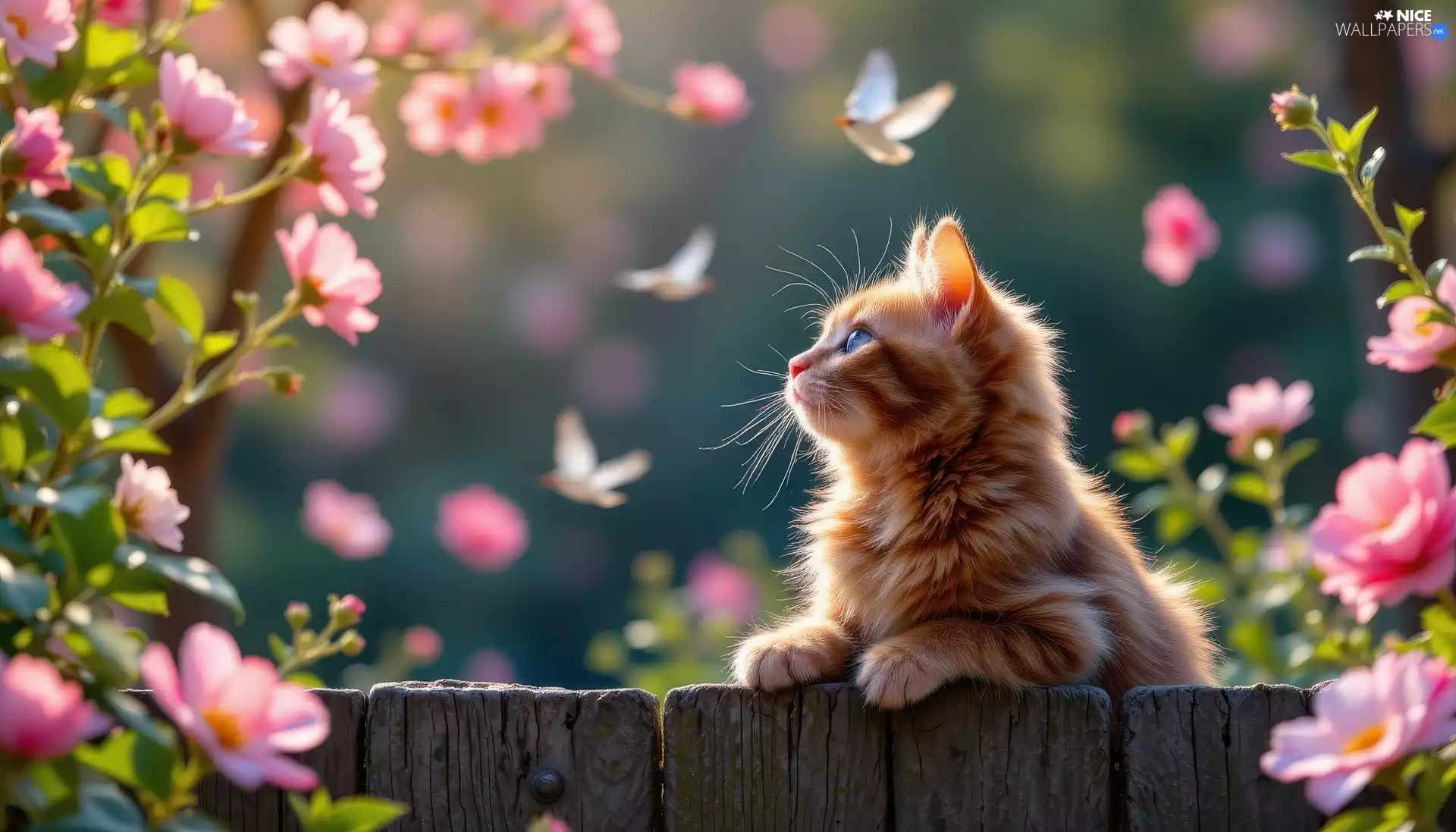 Flowers, butterflies, cat, Fance, ginger