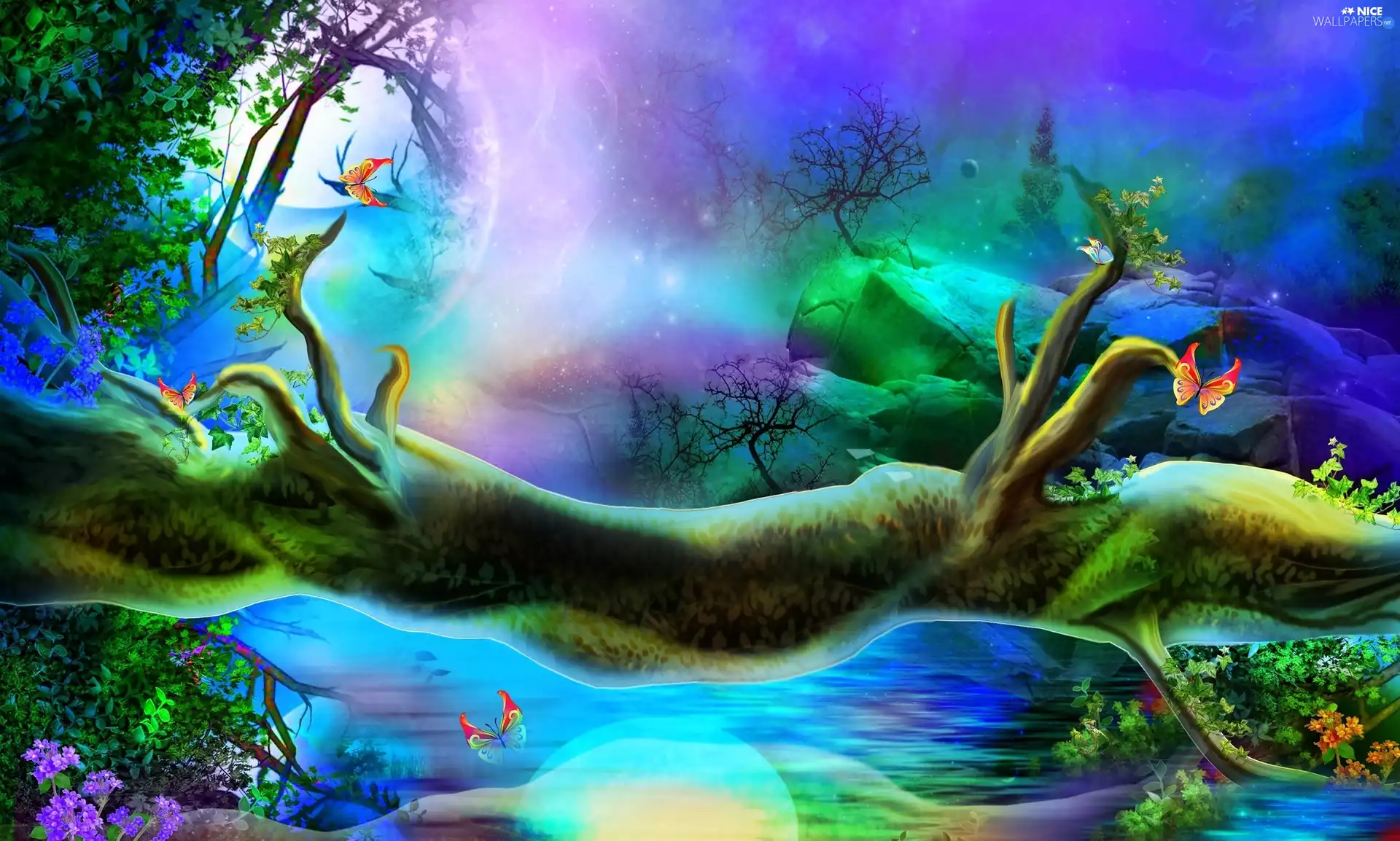 fantasy, trees, viewes, butterflies