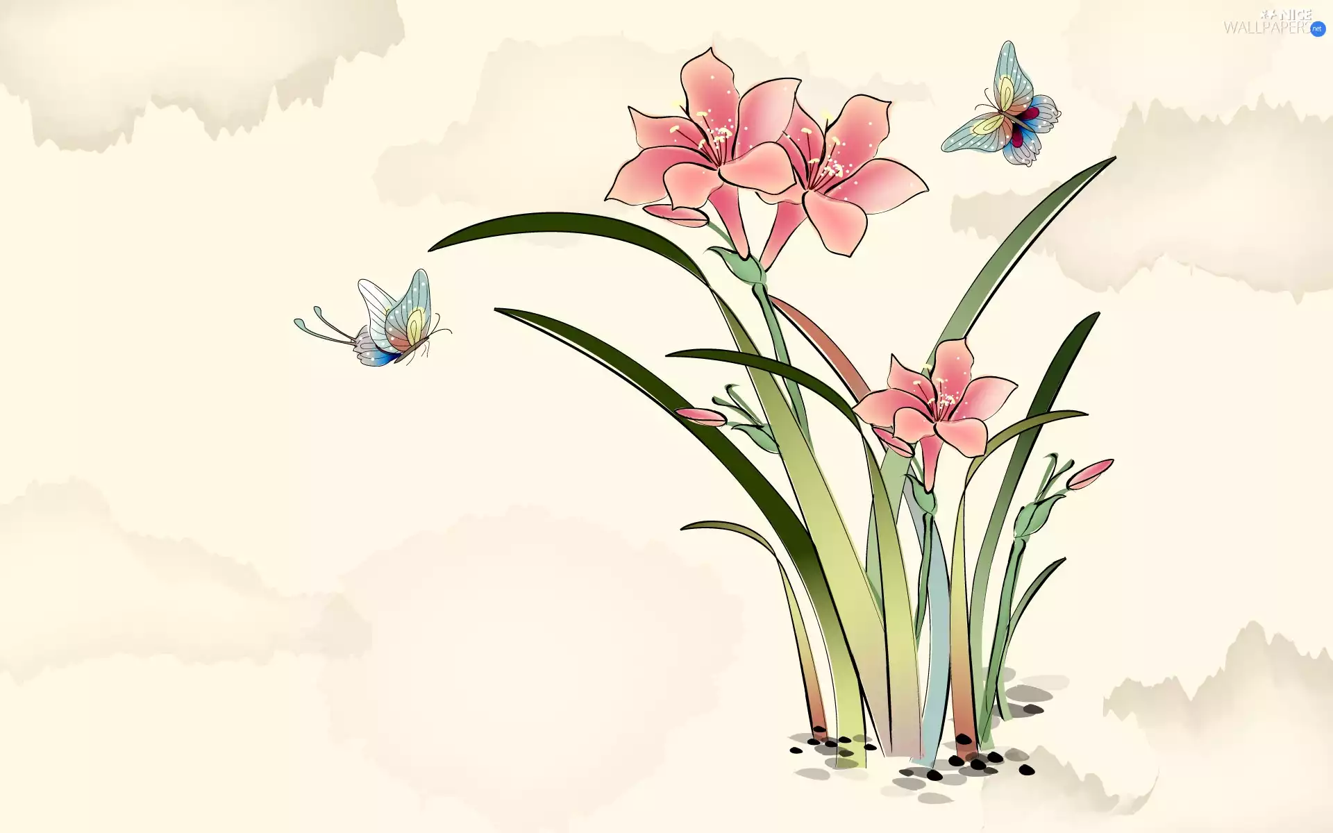 butterflies, Pink, Flowers