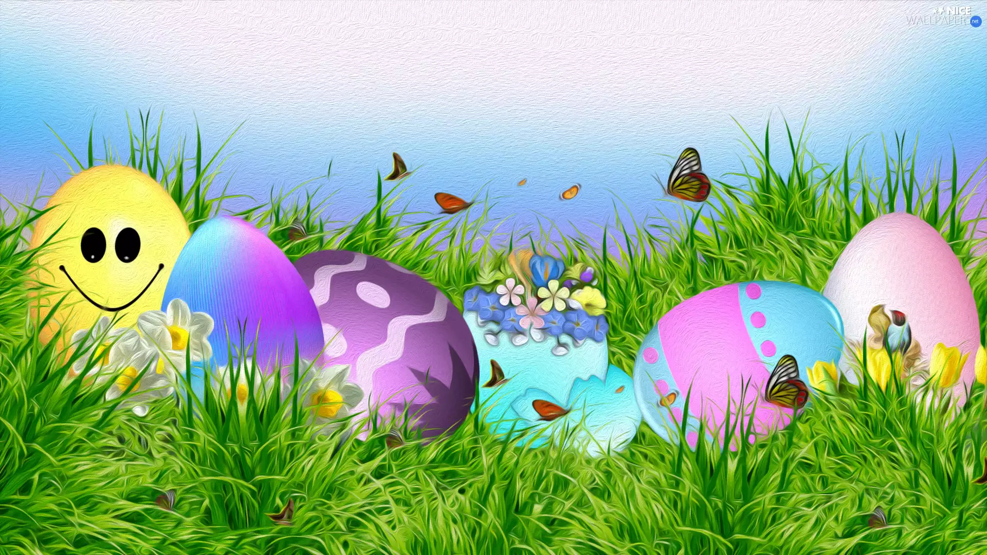 grass, butterfly, eggs, graphics, Easter