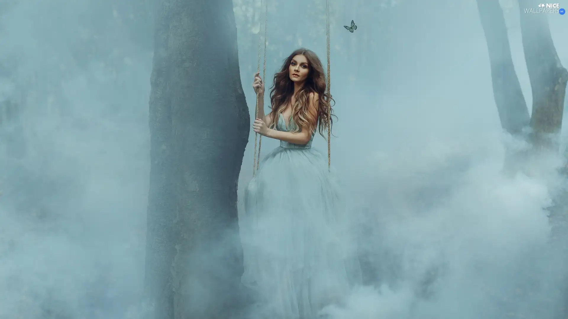 Swing, Women, Fog, butterfly, trees, light brown
