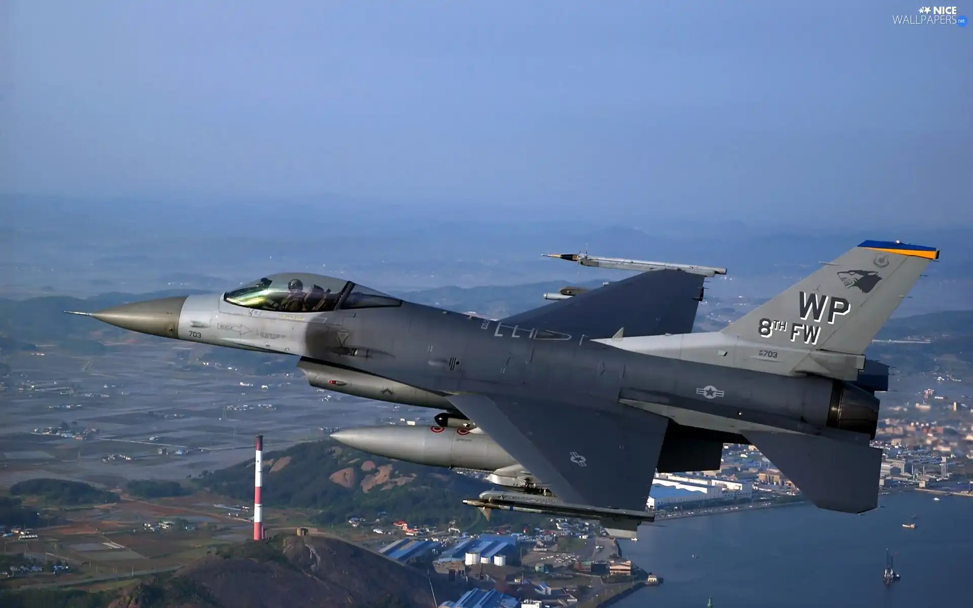 by, town, F-16, flight, Sky