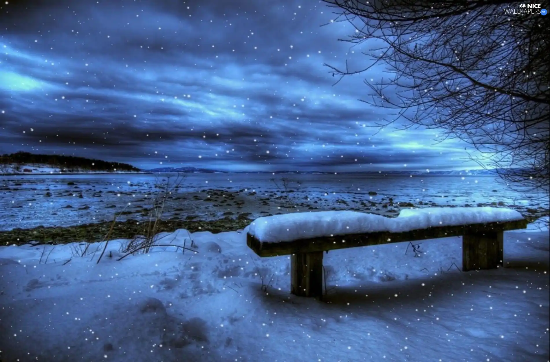 by, lake, winter, Bench, Sky