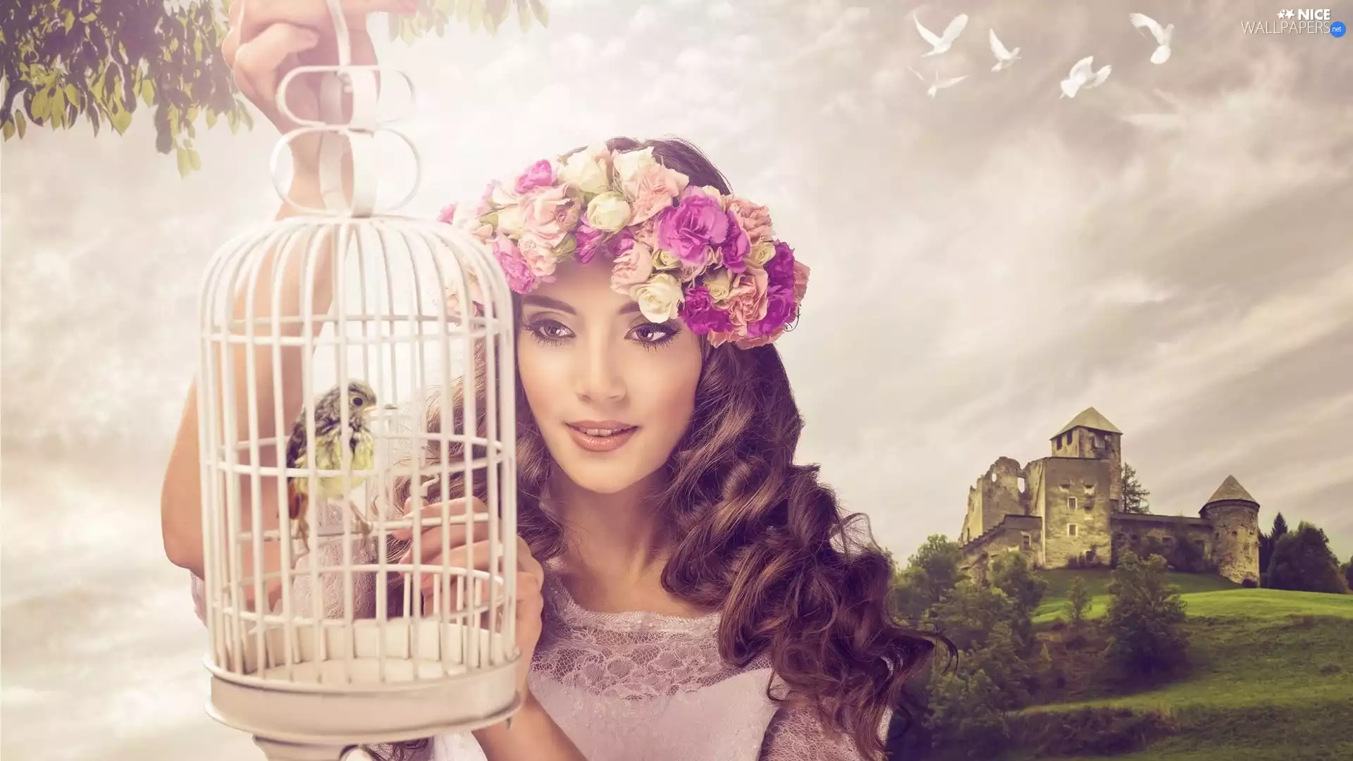 Bird, Cage, wreath, Head, girl