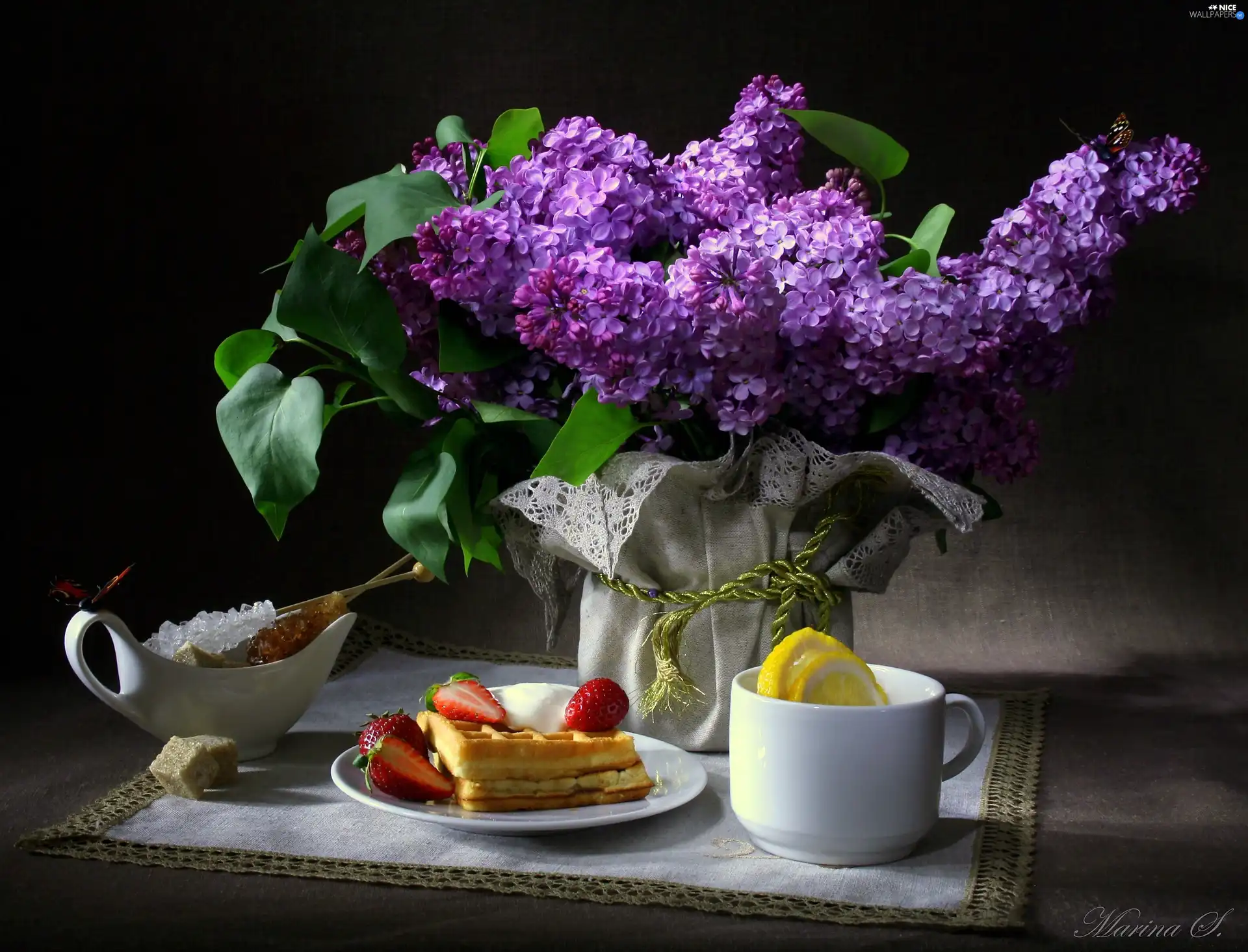 cake, Amaranth, lilac, dishes, bouquet