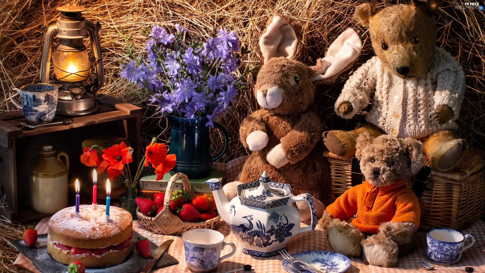 Cake, Three, strawberries, candles, Oil Lamp, birthday, plushies, Flowers