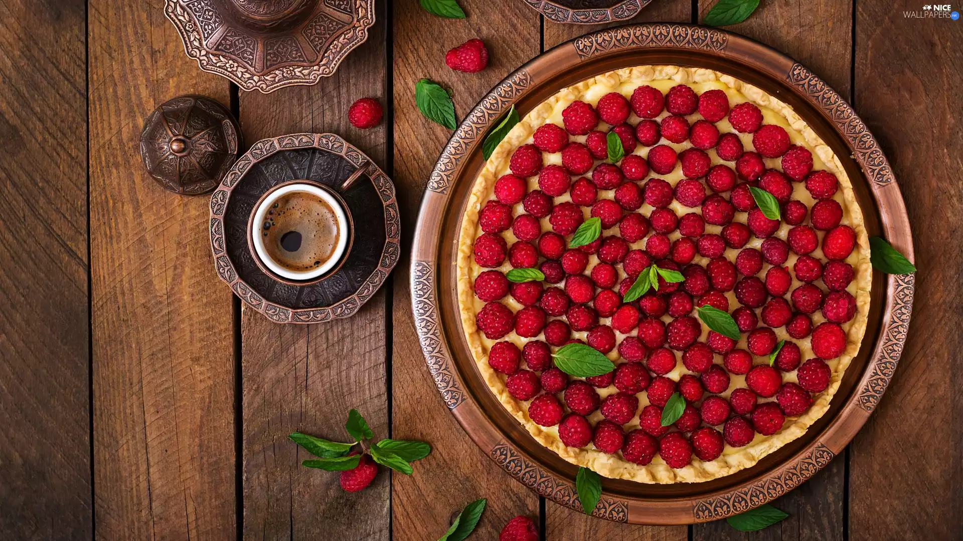 coffee, raspberries, boarding, cake