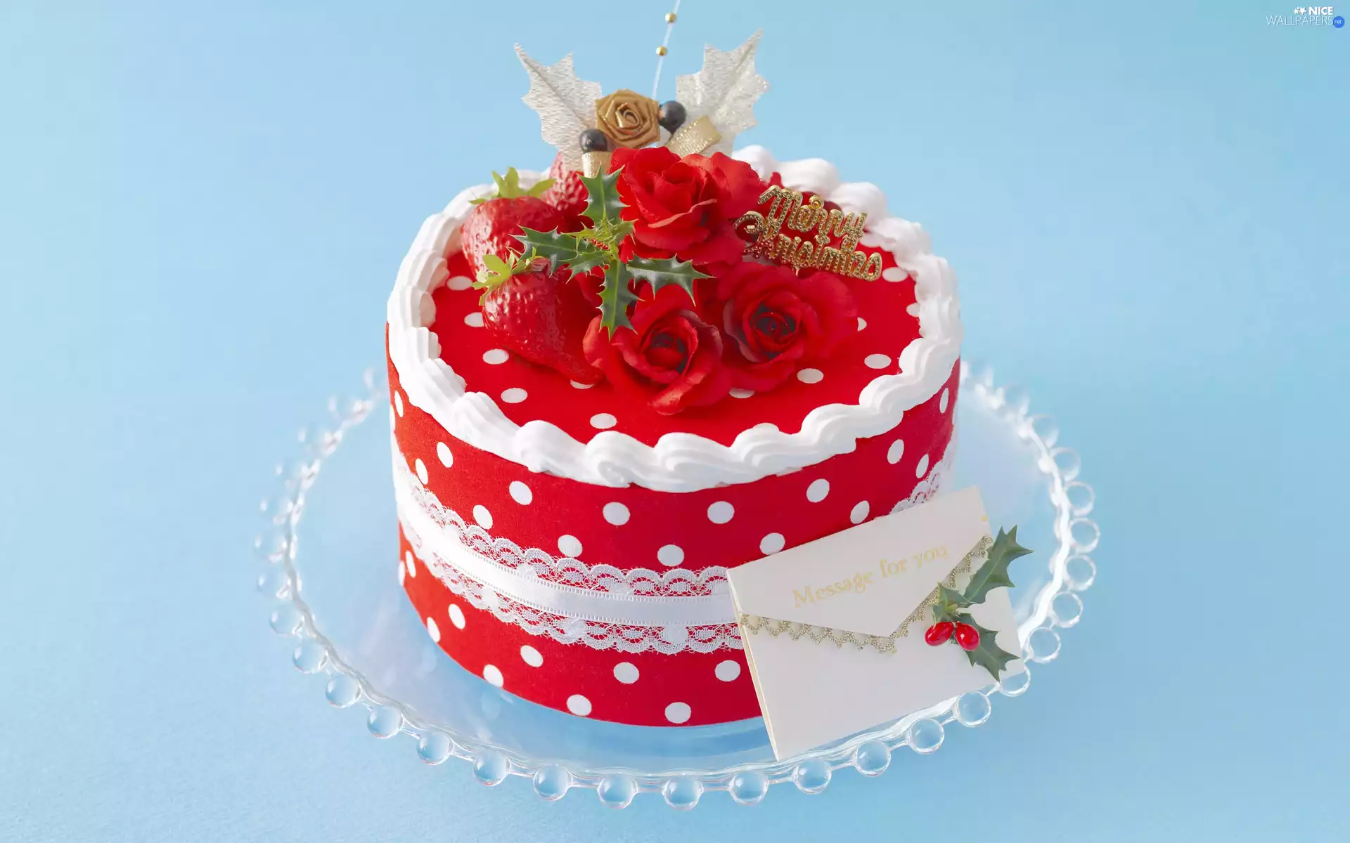 Red, strawberries, roses, Cake