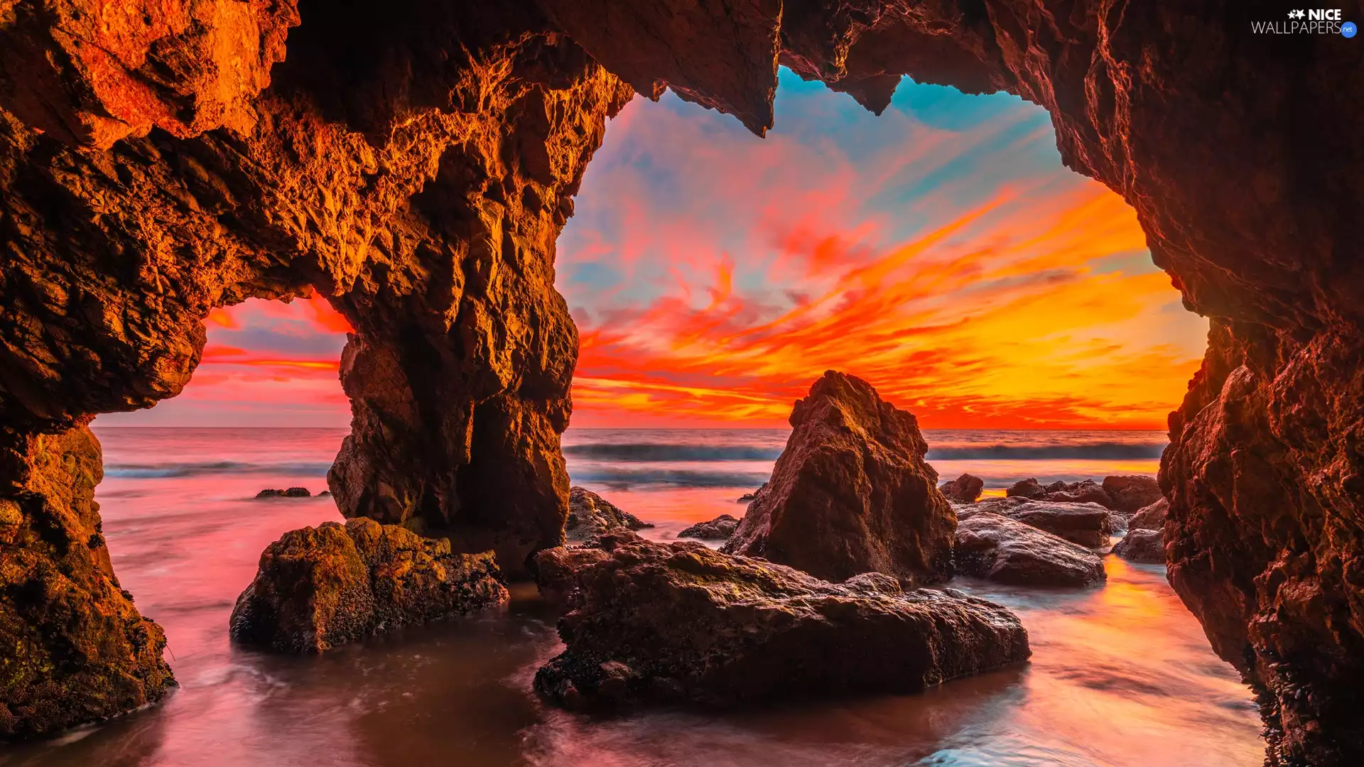 Malibu, sea, clouds, cave, Great Sunsets, California, The United States, rocks