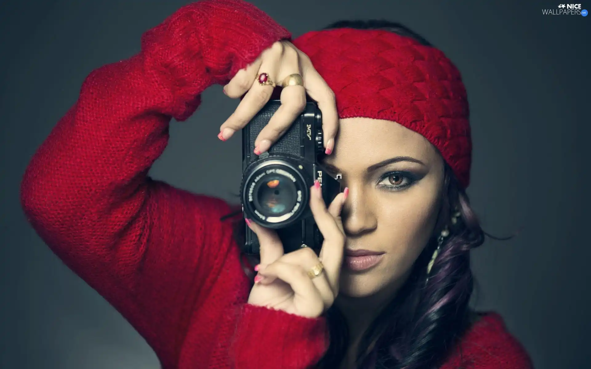 girl, make-up, Camera, Hat