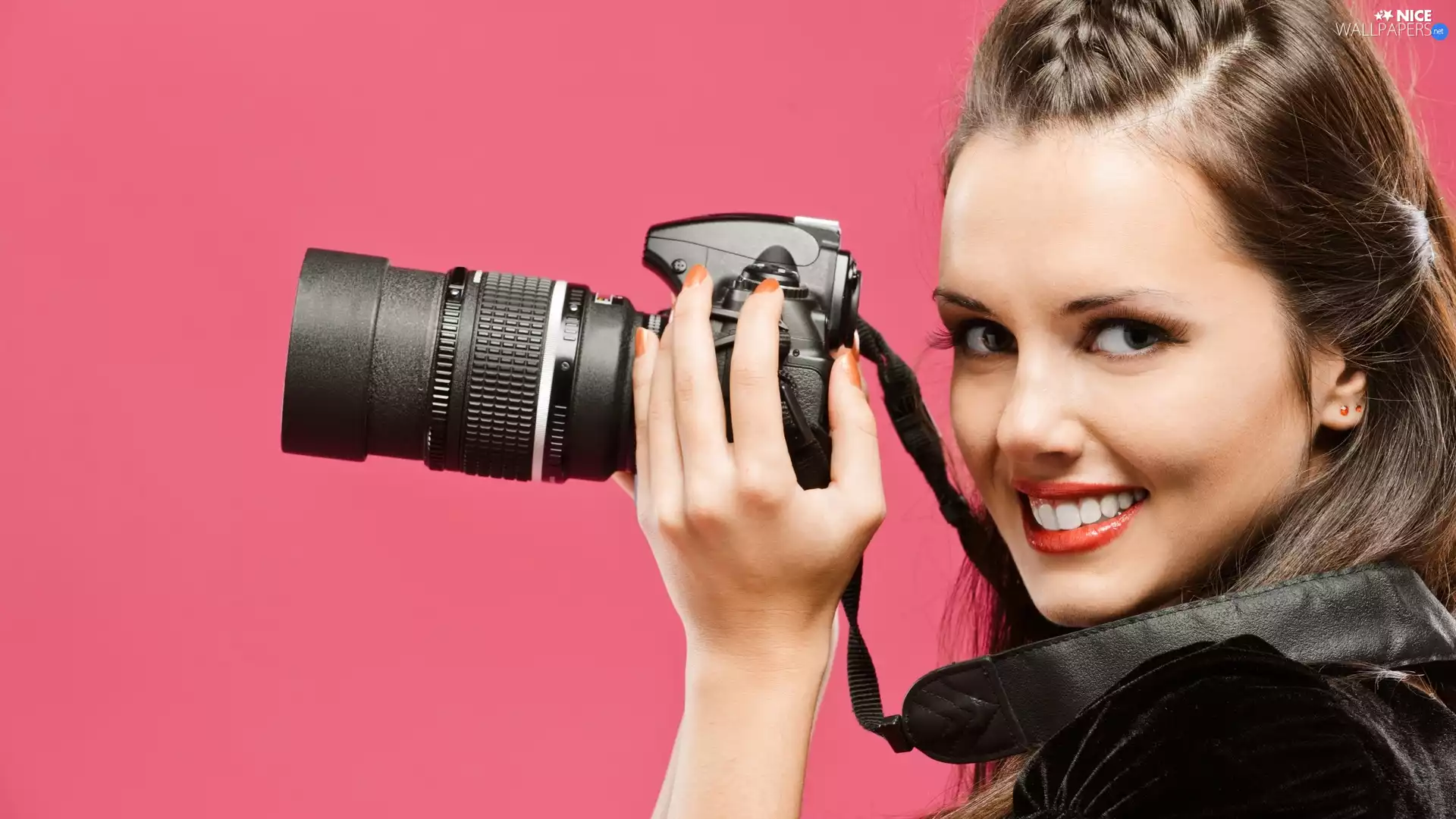 DBZ, camera, young, girl, smiling