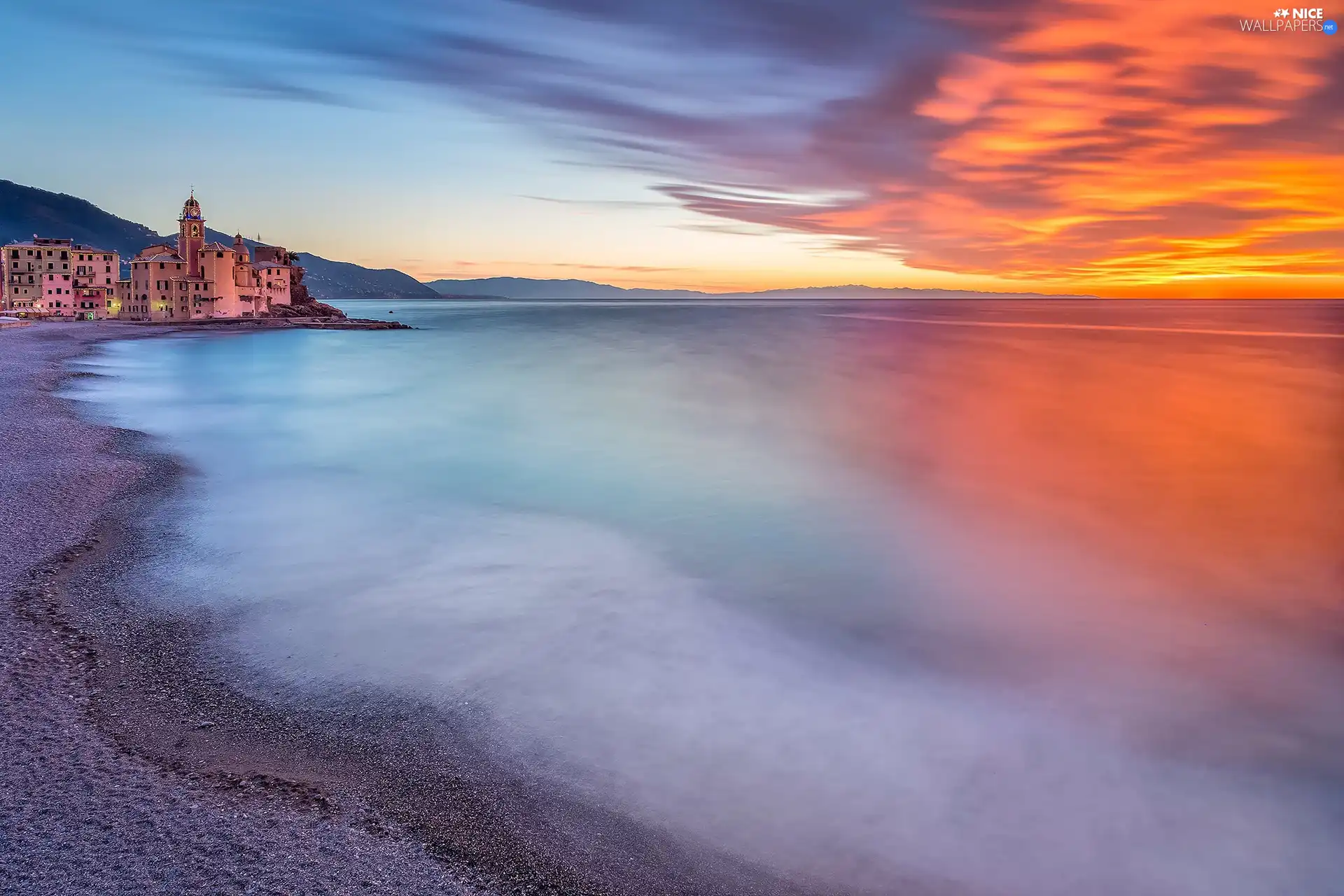 Camogli, Church, clouds, buildings, sea, Liguria, Italy, Great Sunsets