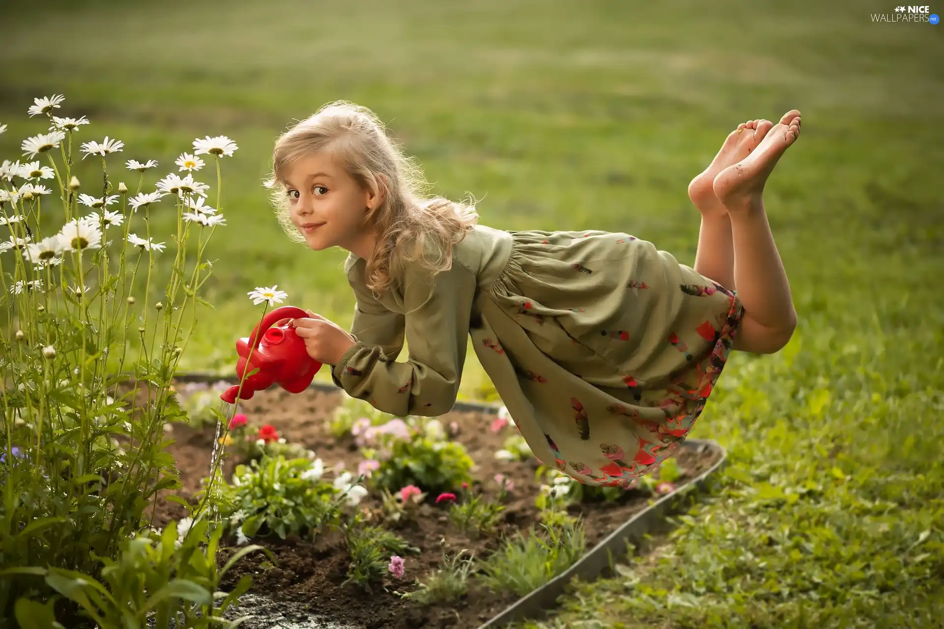 Flowers, girl, watering can